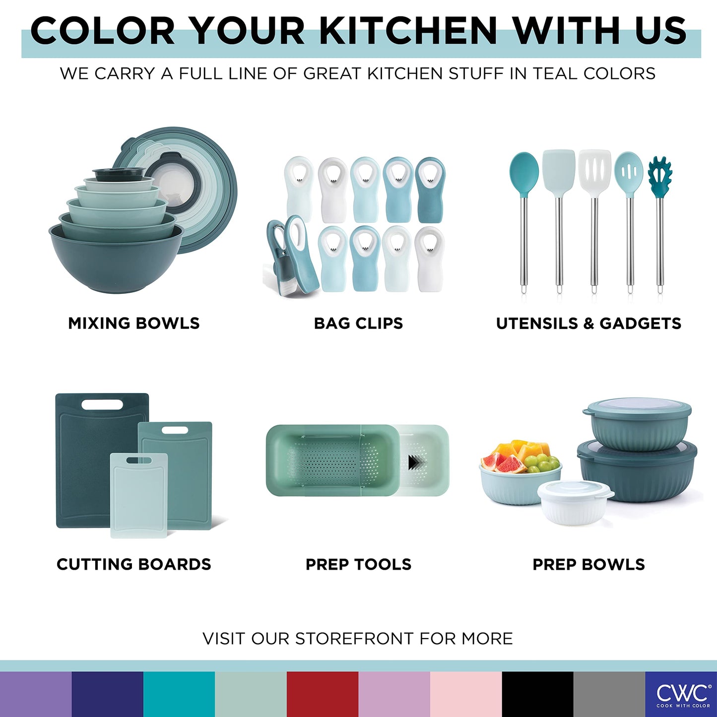 Teal COOK WITH COLOR Silicone Cooking Utensils, Kitchen Utensil Set, Easy to Clean Silicone Kitchen Utensils, Cooking Utensils for Nonstick Cookware, Kitchen Gadgets Set, 10 Pieces, Teal