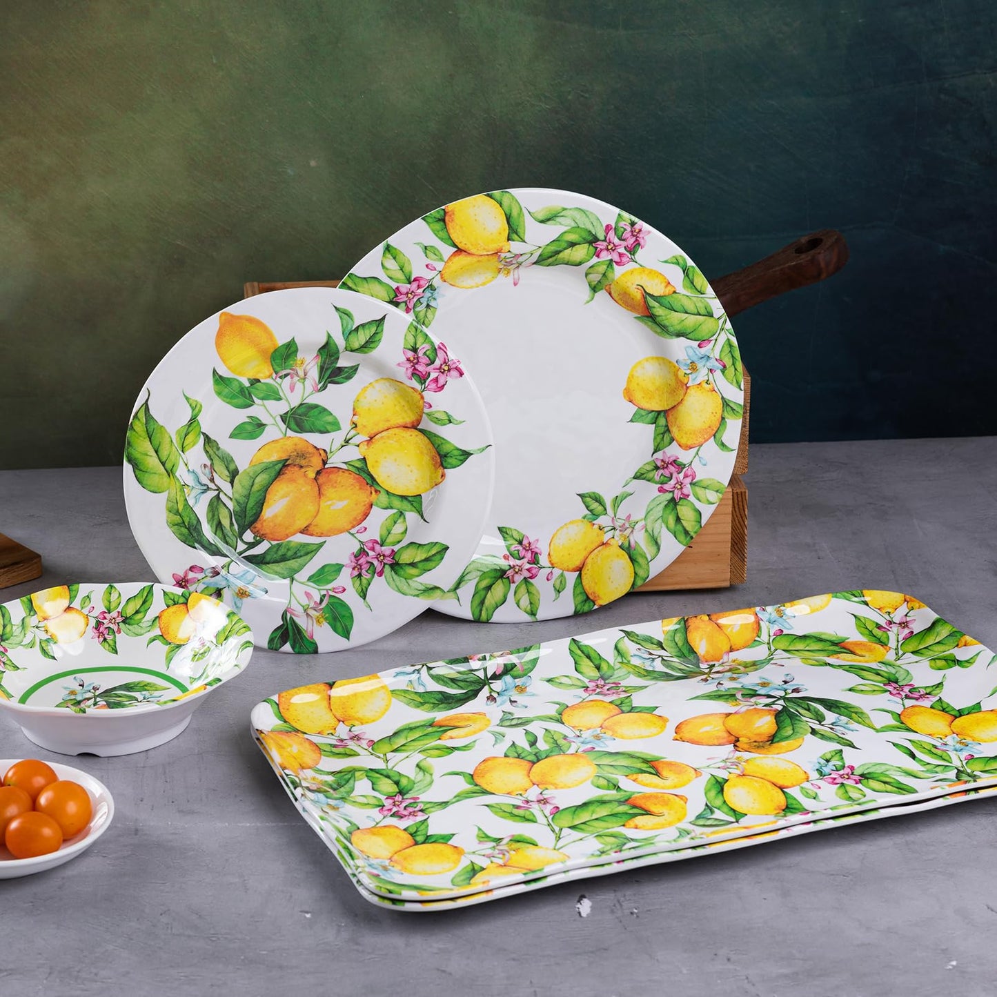 Lemon Print Large, Rectangular Melamine Tray/Platters, Set of 2, 17.5" x 10", 2-Piece Melamine Platters Serving Set, Dishwasher Safe