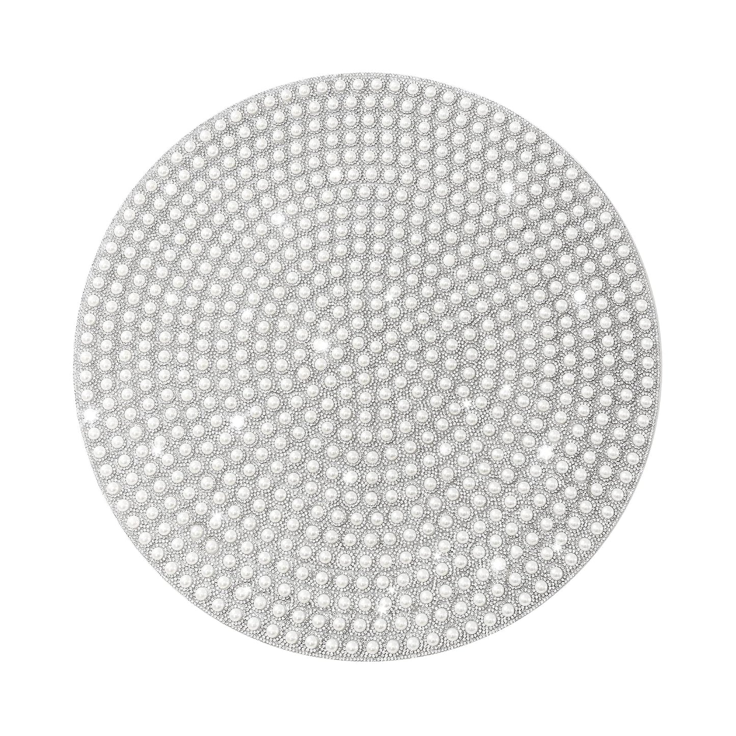 Pearl Round Placemat, 15-inch Anti-Slip Tablescapes Decorations Sparkling Bling Rhinestones Silver Placemat for Nightstand Tablecloths Centerpiece Standing T-Lights Candles Vases Mat