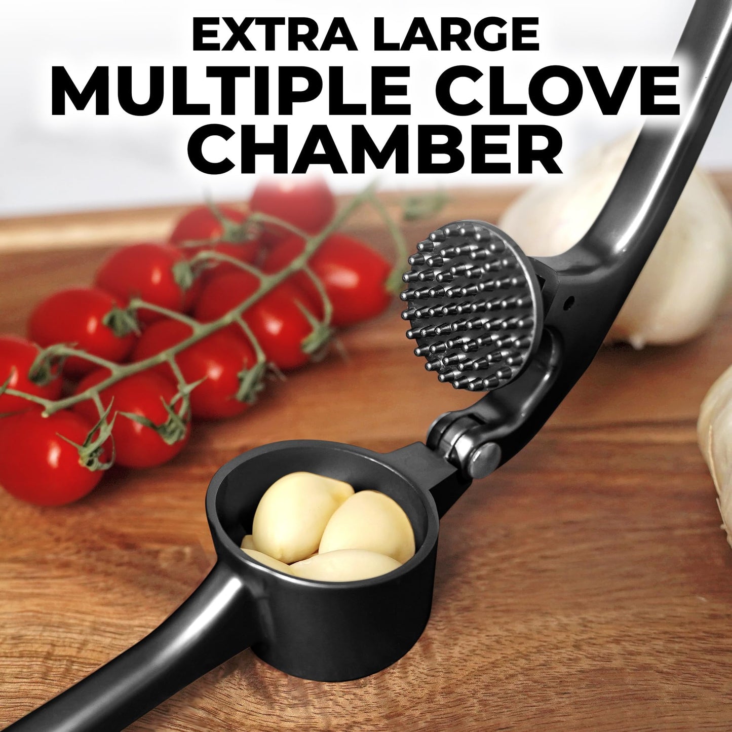 Zulay Kitchen Large Premium Garlic Press Set - Bigger Bowl for Bigger Garlic - Rust Proof and Dishwasher Safe Garlic Mincer Tool - Easy-Squeeze, Easy-Clean Silicone Garlic Peeler and Brush (Black)