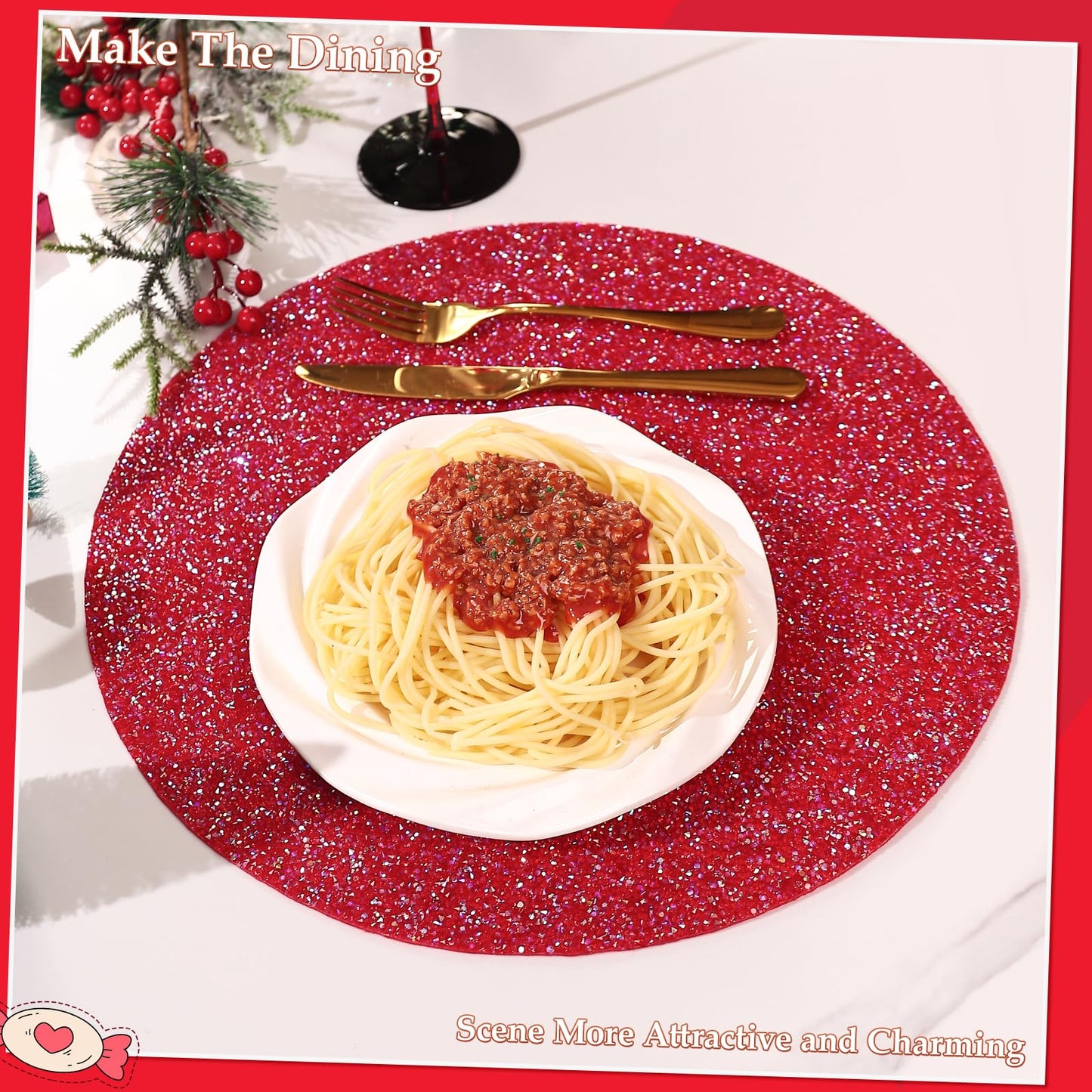 Cumouna Placemat with Red Rhinestones Round Glitter Decoration Table Mat for Valentine Holiday New Year Centerpiece Kitchen Table Party Tableware Decor 15 Inches (Red AB, 1 Piece)