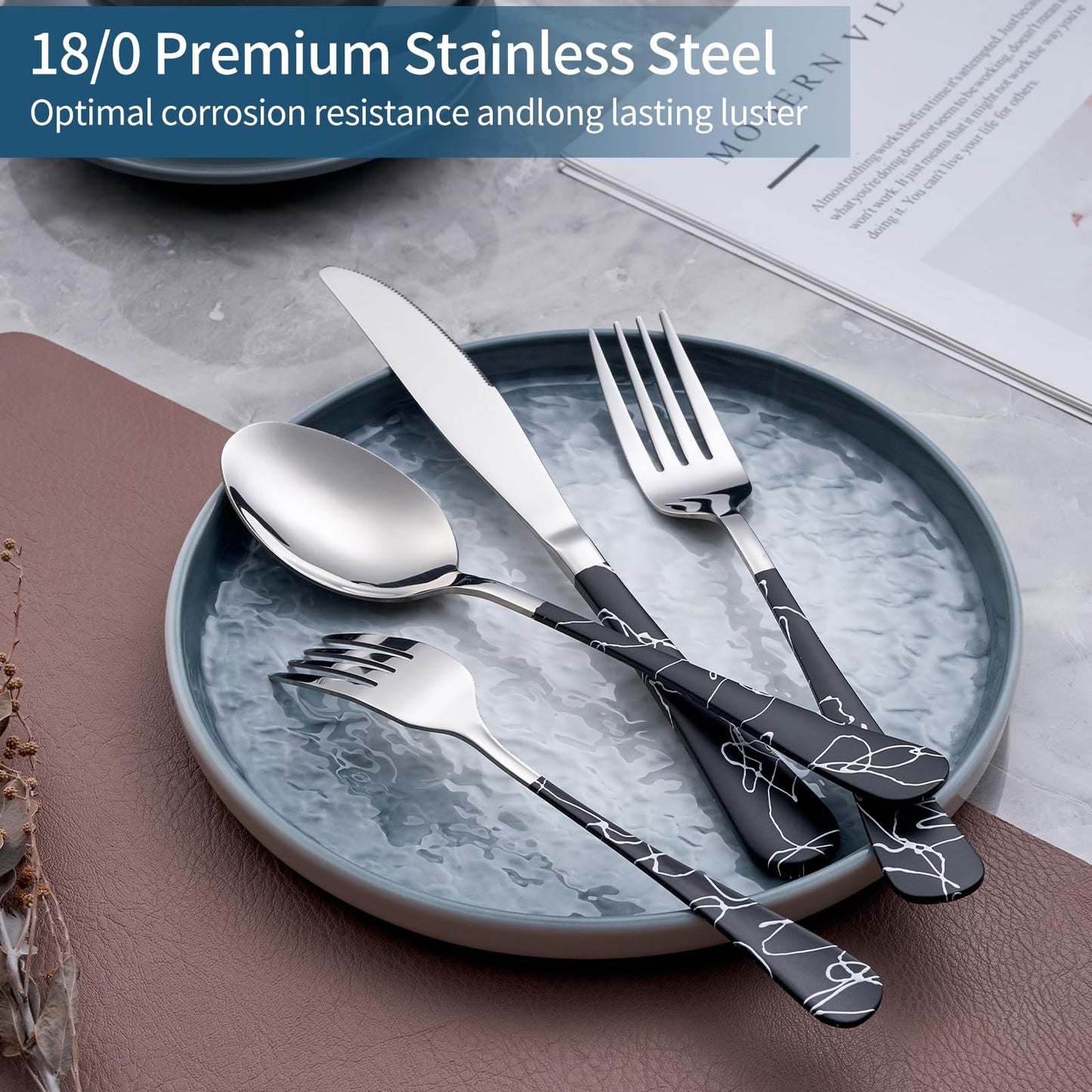 Black Cracks 20-Piece Silverware Set 18/0 Stainless Steel Silverware Set Cutlery Black Set Service for 4 Dinner Knives Forks Spoons Set Flatware Set Finish Dishwasher Safe