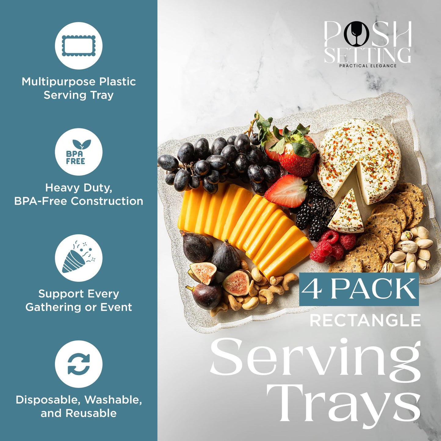 Posh Setting - Plastic Trays for Serving Food, Glitter Gold Serving Trays for Party, Plastic Serving Trays, Serving Dishes for Parties, Plastic Platters & Food Trays for Party, Plastic Serveware-9x13