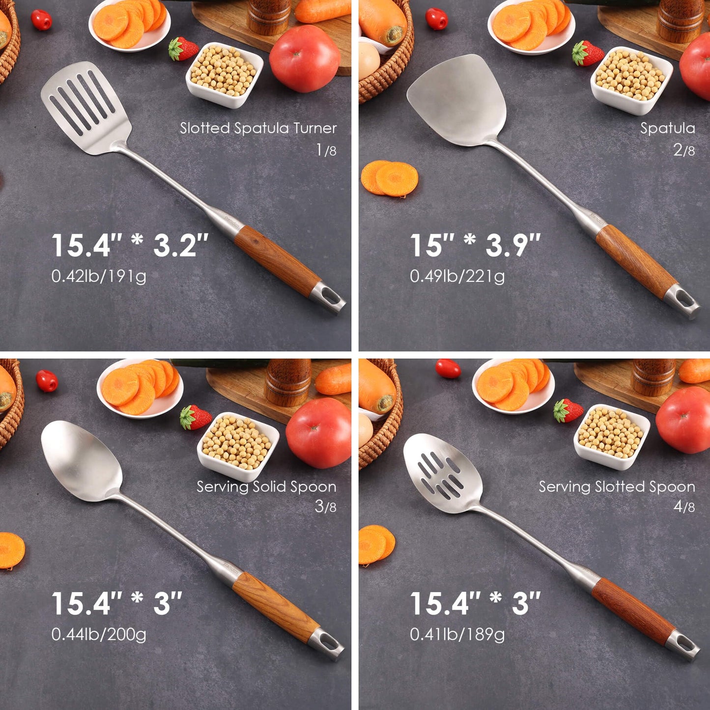18/10 Stainless Steel Kitchen Utensils Set with Wood Handle - 15” Metal Cooking Tools and Serving Utensil, 8-Pieces Cooking Spoons Set - Spatula, Ladle, Skimmer, Turner, Pasta, Solid Spoon, Slotted Spoon