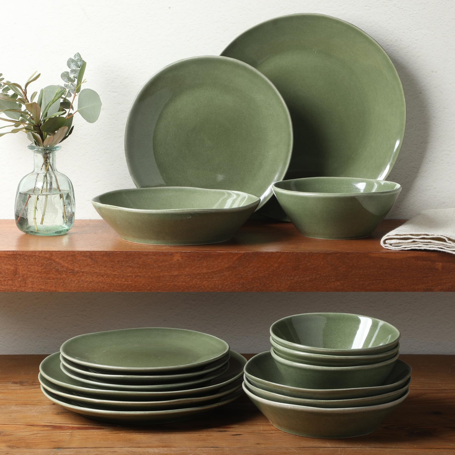Bloomhouse - Oprah's Favorite Things - Montecito Breeze 16 Piece (Service for 4) Double Plates and Bowls Stoneware Reactive Glaze Dinnerware Set - Cyprus Green