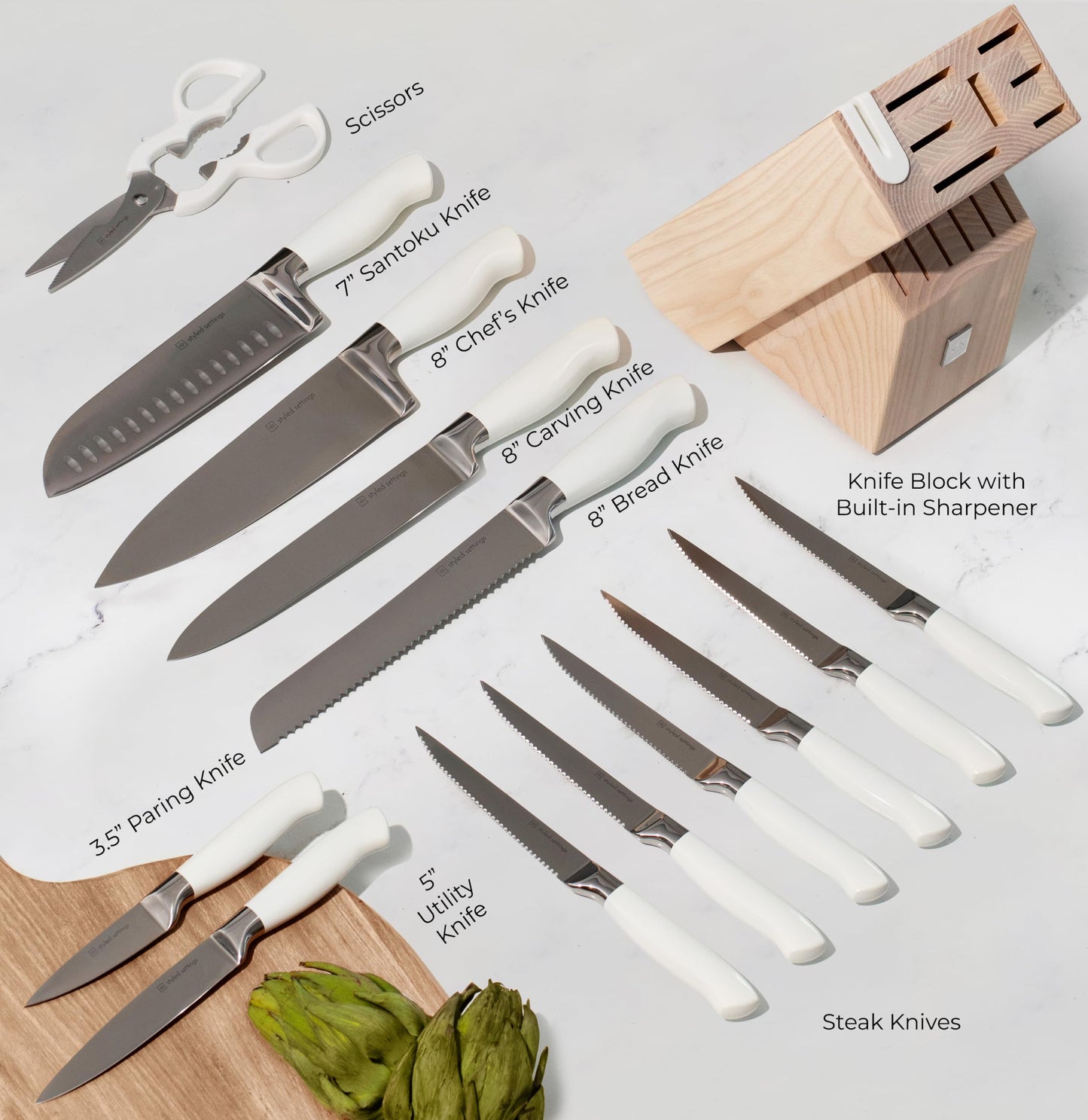 Styled Settings White Knife Set with Block and Sharpener – 14-Piece High Carbon Stainless Steel Knives with Ashwood Block and Built-In Sharpener – Durable White Kitchen Accessories for Cooking