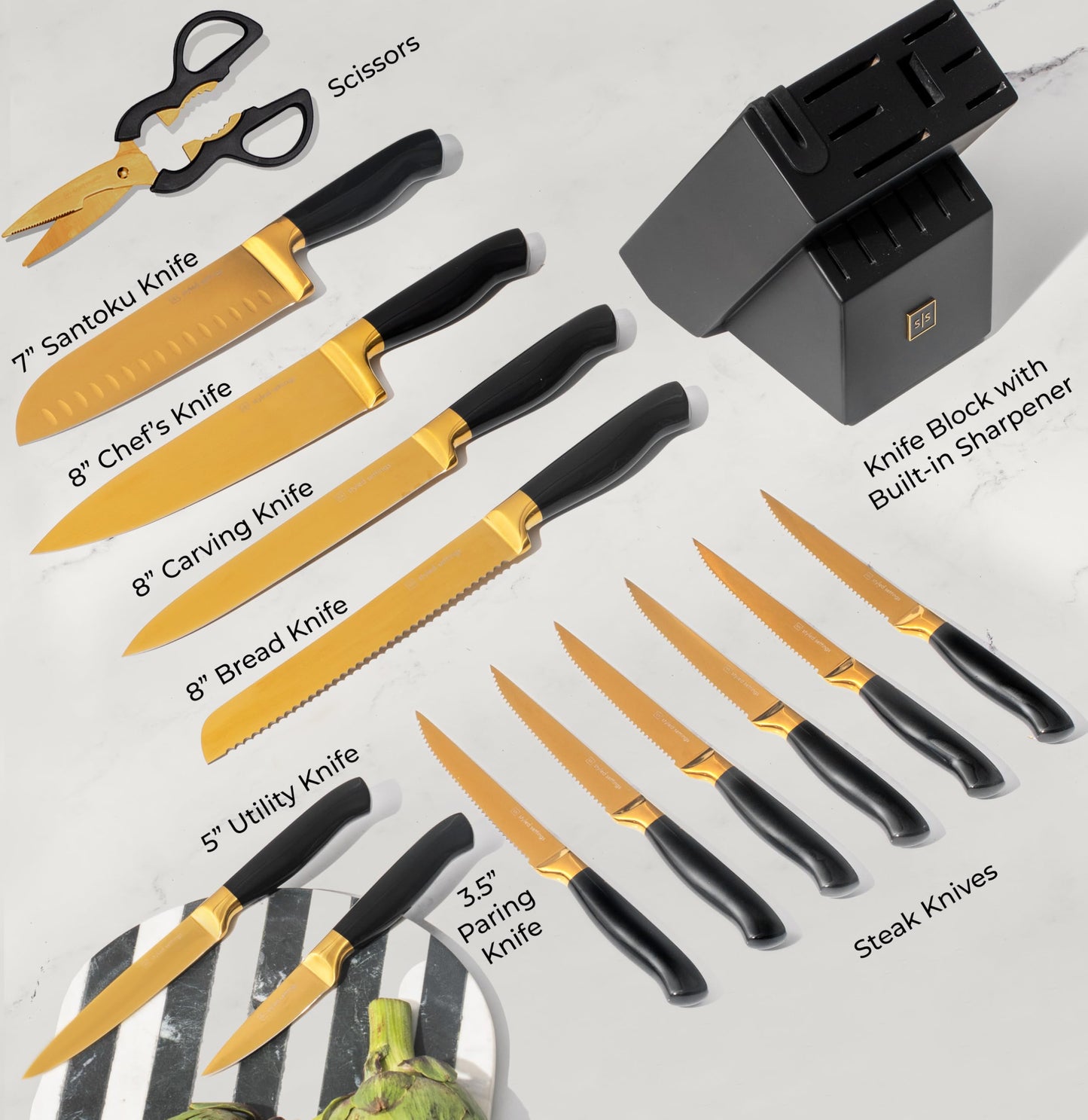 Black and Gold Knife Set with Block and Sharpener – 14-Piece Full Tang Golden Knives with Self-Sharpening Knife Block – Gold Kitchen Accessories for Cooking and Prepping; Ideal for Gifting