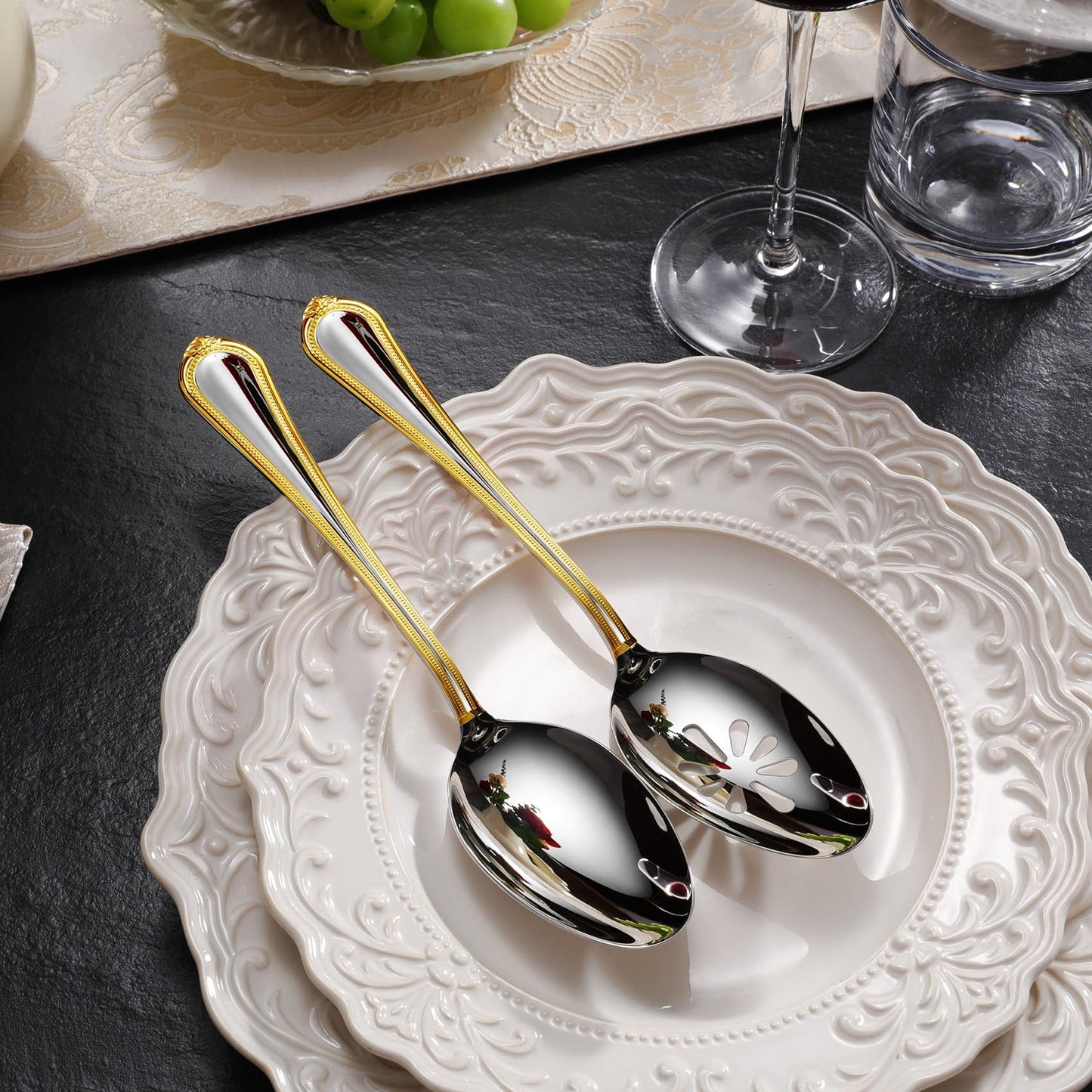 KEAWELL Pearl Edge Premium Serving Spoon Set, 18/10 Stainless Steel, 9" Fine Hostess Utensils with Refined Bead Design, Brightly Polished, Gold Accent, Dishwasher Safe (2 Serving Spoons)