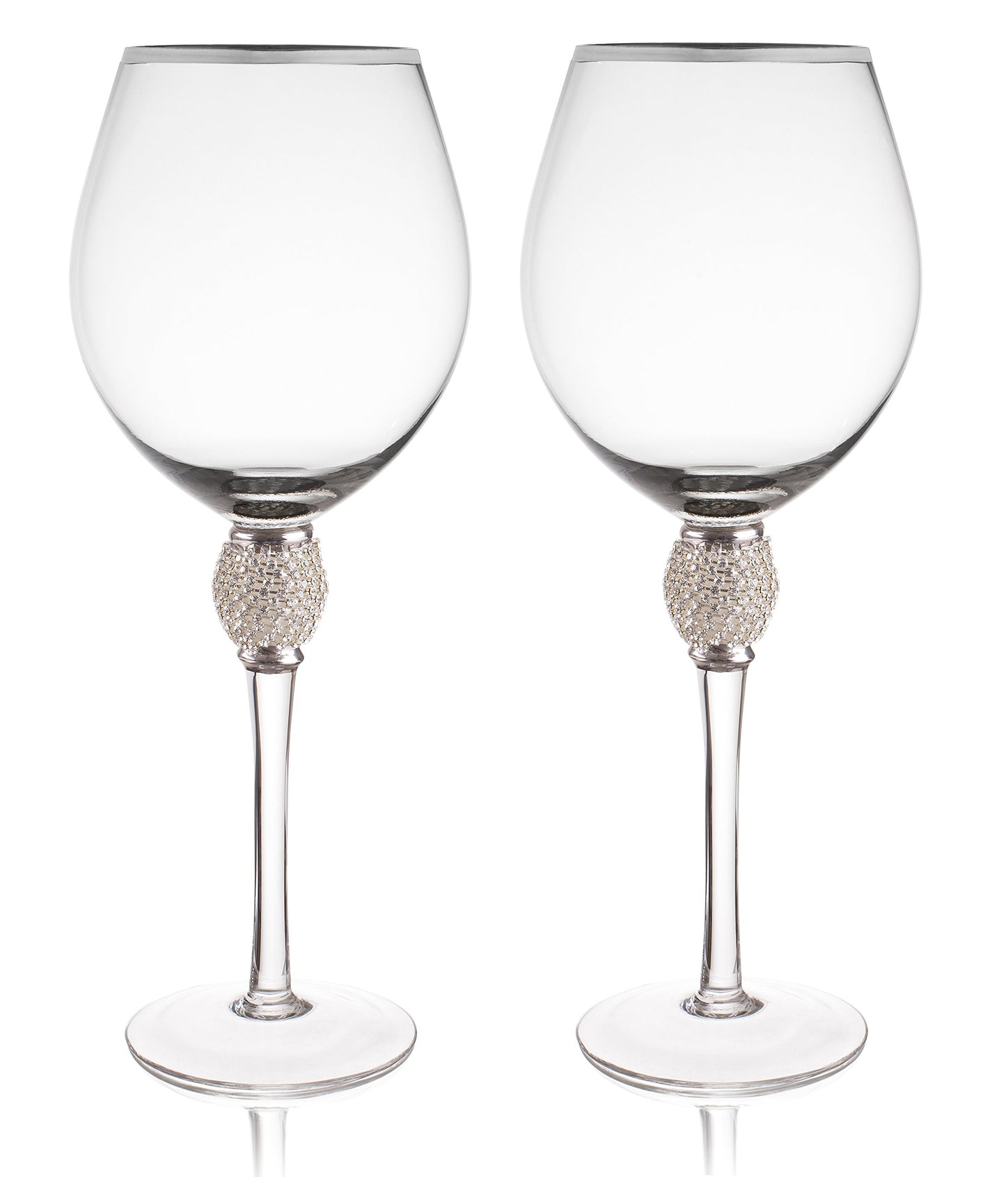 Trinkware Set of 2 Wine Glasses - Rhinestone DIAMOND Studded With Silver Rim - Long Stem, 16oz, 10-inches Tall – Elegant Glassware And Stemware