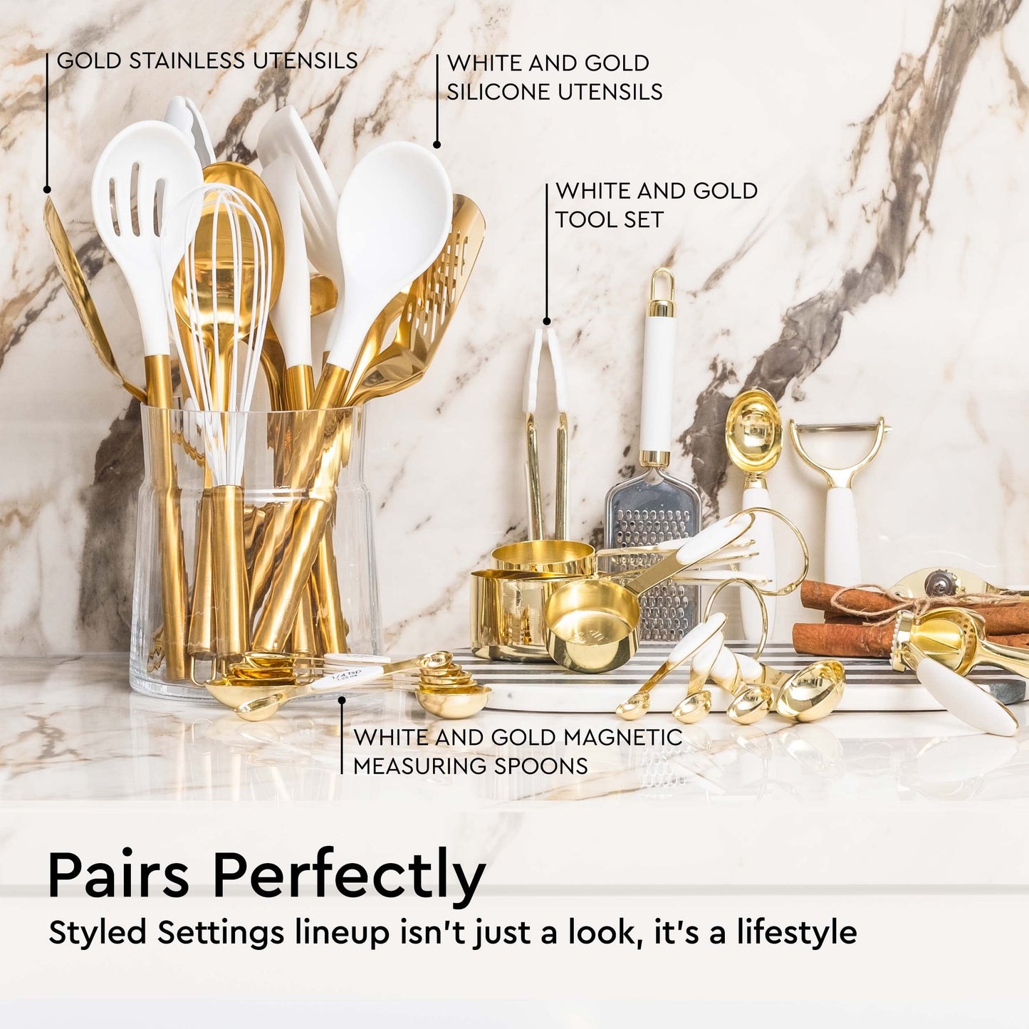 White and Gold Measuring Cups and Spoons Set - 8-Piece Stackable Stainless Steel Measuring Set - Stylish White and Gold Kitchen Accessories for Precise Baking and Cooking, Ideal Gift for Bakers and Home Chefs