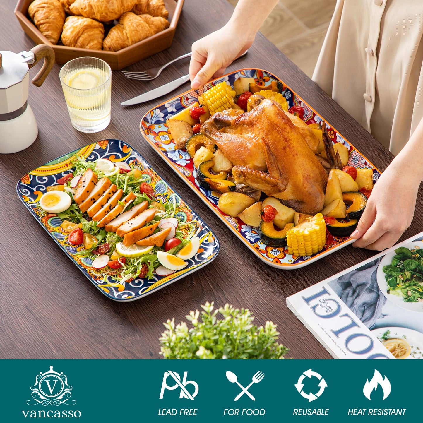 Set of 3 Colorful Bohemian Serving Platters, 16"/14"/12" Inch Rectangular Trays - Serving Platter Extra Large, Bohemian Ceramic Serving Dish for Entertaining Food, Microwave & Dishwasher Safe, Colorful