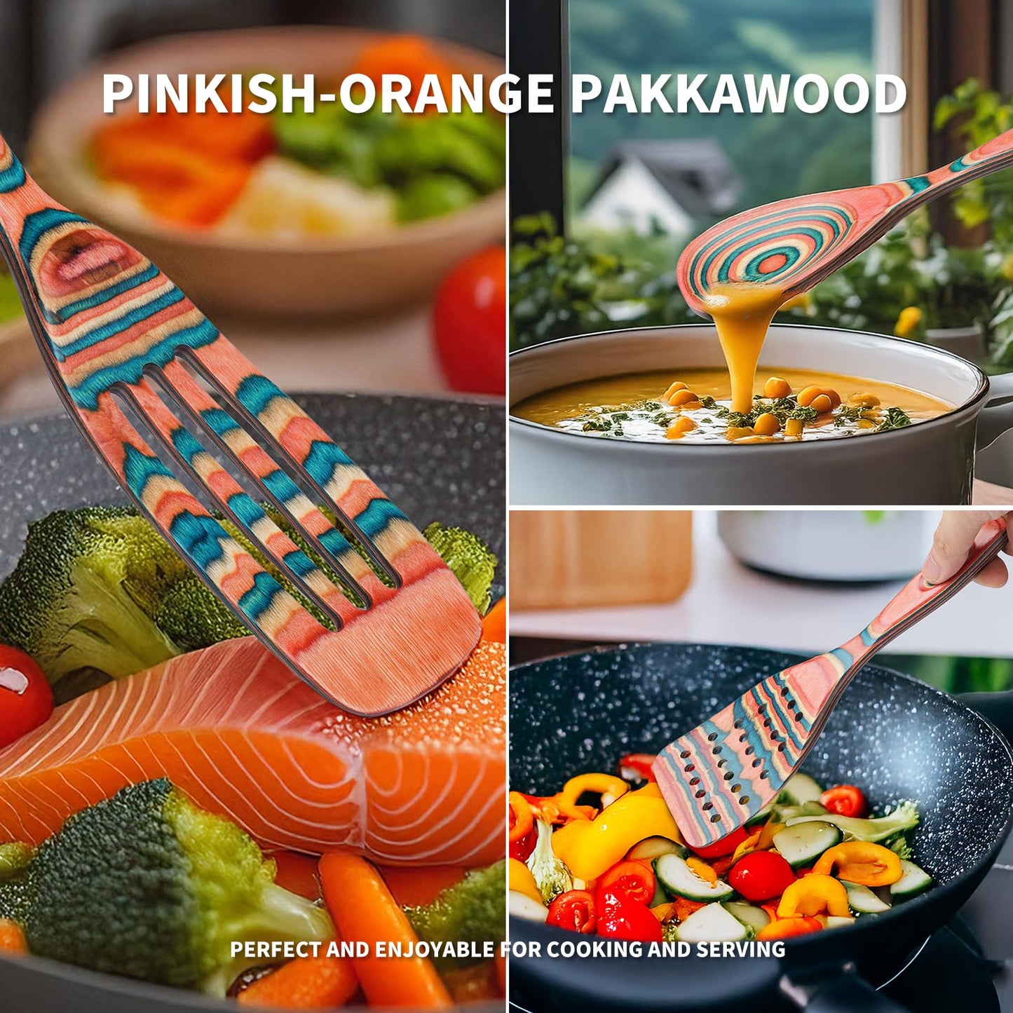 7-Piece Orange Pakkawood Non-Stick Cooking Utensils