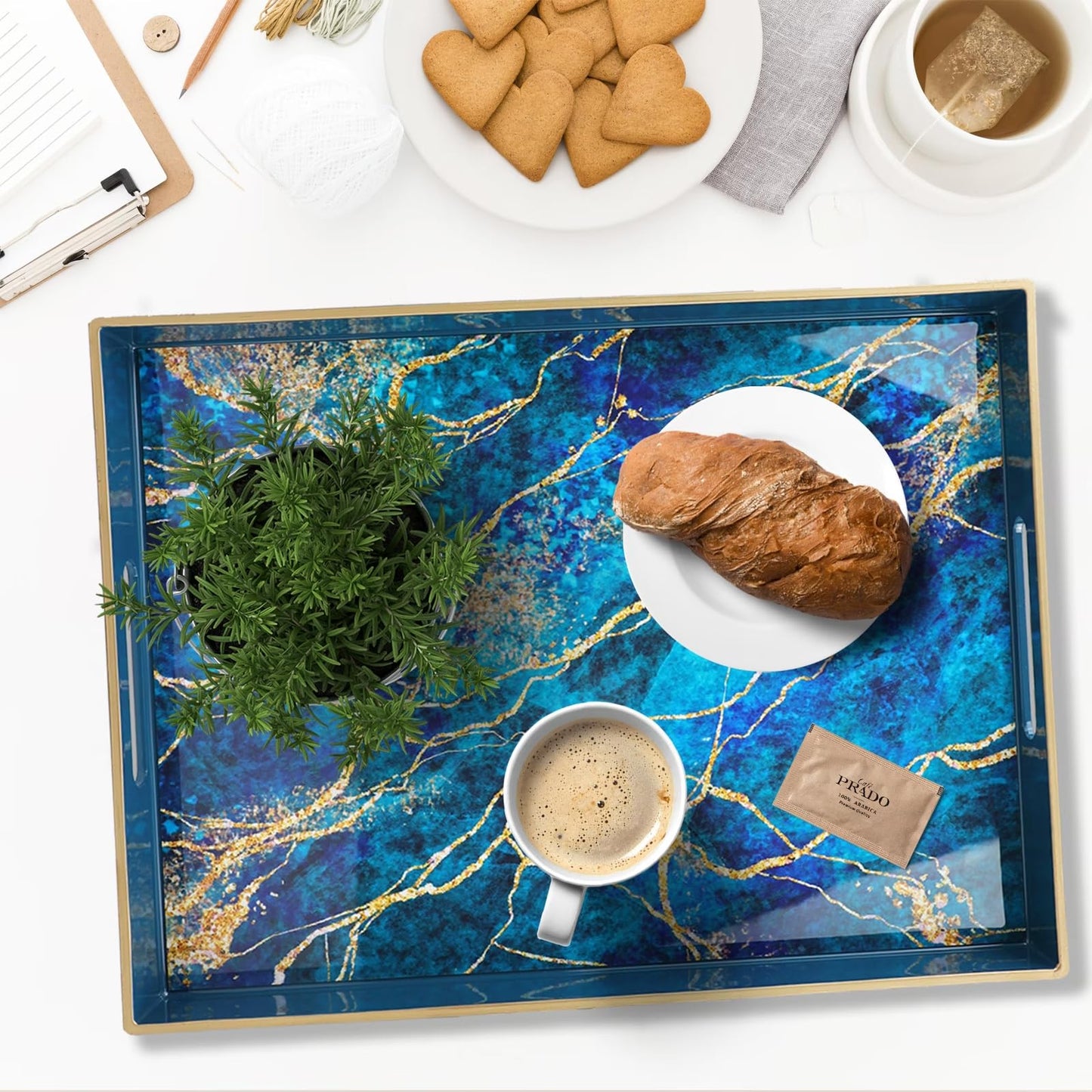 Vibrant Blue and Gold Marble Decorative Plastic Serving Trays with Handles for Living Room, Coffee Table, Ottoman, Bathroom, Kitchen, Large 15.7”*11.8”*1.6"