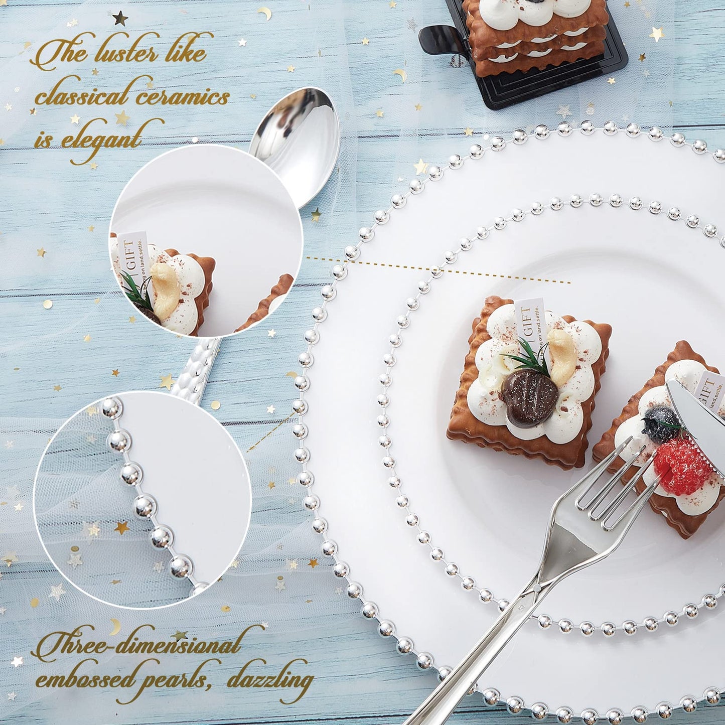 75-Piece Fancy Disposable Dinnerware Party Set, 15 Dinner Plates, 15 Dessert Plates with Silver Bead Rimed, 15 Silver Spoons, 15 Knives, 15 Forks, Plastic Silverware for Wedding Birthday Party