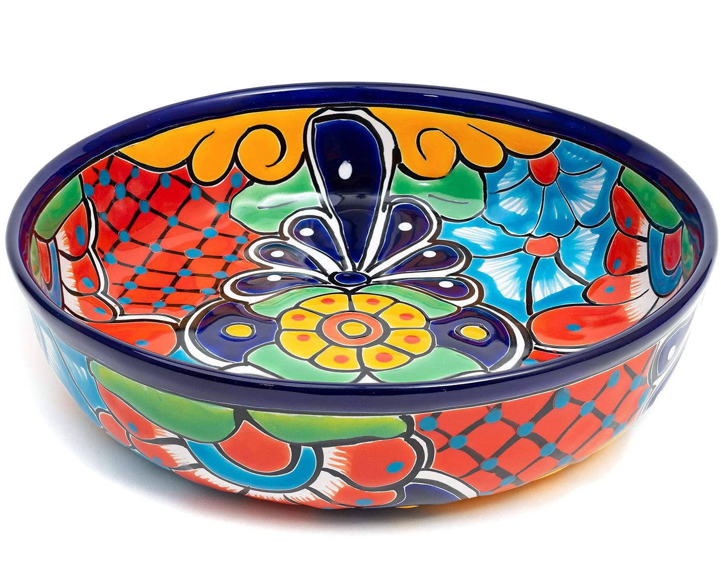 Enchanted Talavera Mexican Talavera Ceramic Hand-Painted Large Serving Bowl Pasta Bowl Fruit Bowl Salad Bowl Party Platter Holiday Bakeware Dish (Cobalt)