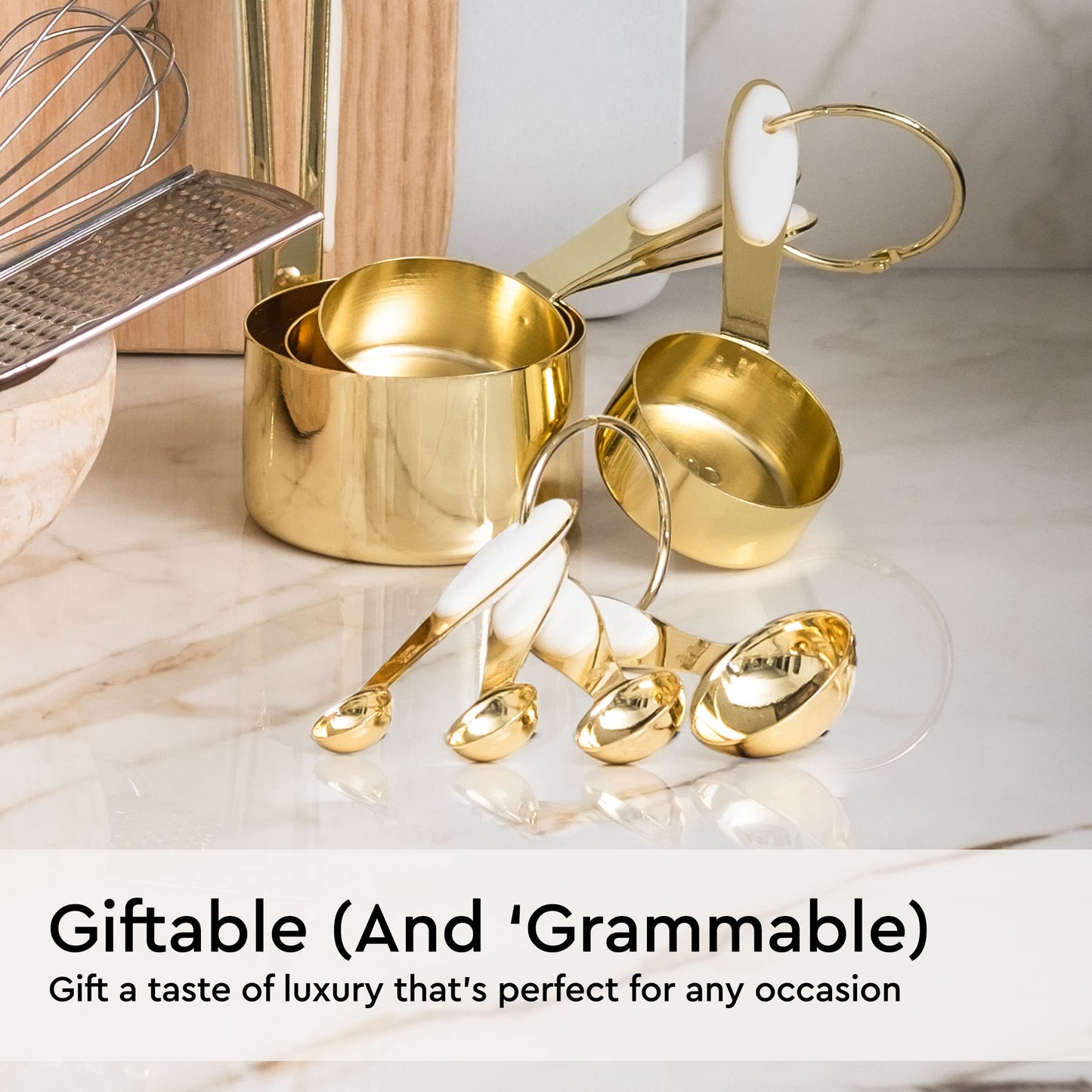 White and Gold Measuring Cups and Spoons Set - 8-Piece Stackable Stainless Steel Measuring Set - Stylish White and Gold Kitchen Accessories for Precise Baking and Cooking, Ideal Gift for Bakers and Home Chefs