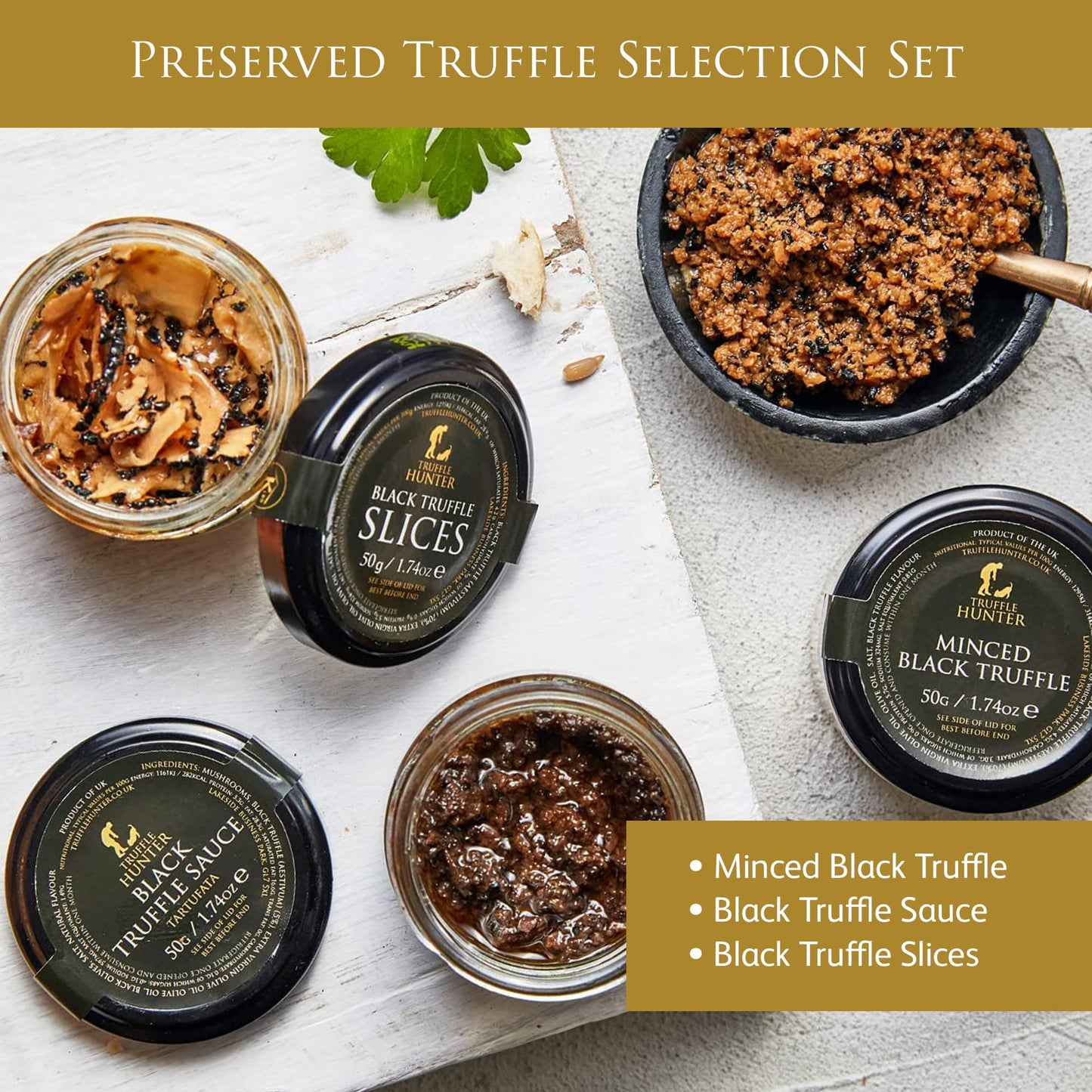 TruffleHunter - Preserved Black Truffle Selection - Minced Truffle, Truffle Slices, Truffle Sauce (3 x 1.77 Oz. Each)
