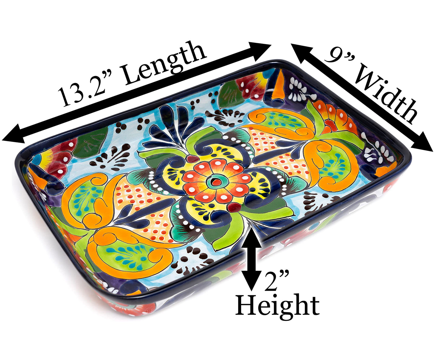 Enchanted Talavera Pottery Mexican Hand Painted Ceramic Rectangle Serving Platter Dish Appetizer Plate Tray Food Mexican Floral Pattern Thanksgiving Holiday Party Fiesta (Large 13.2 x 9 x 2, Multi)