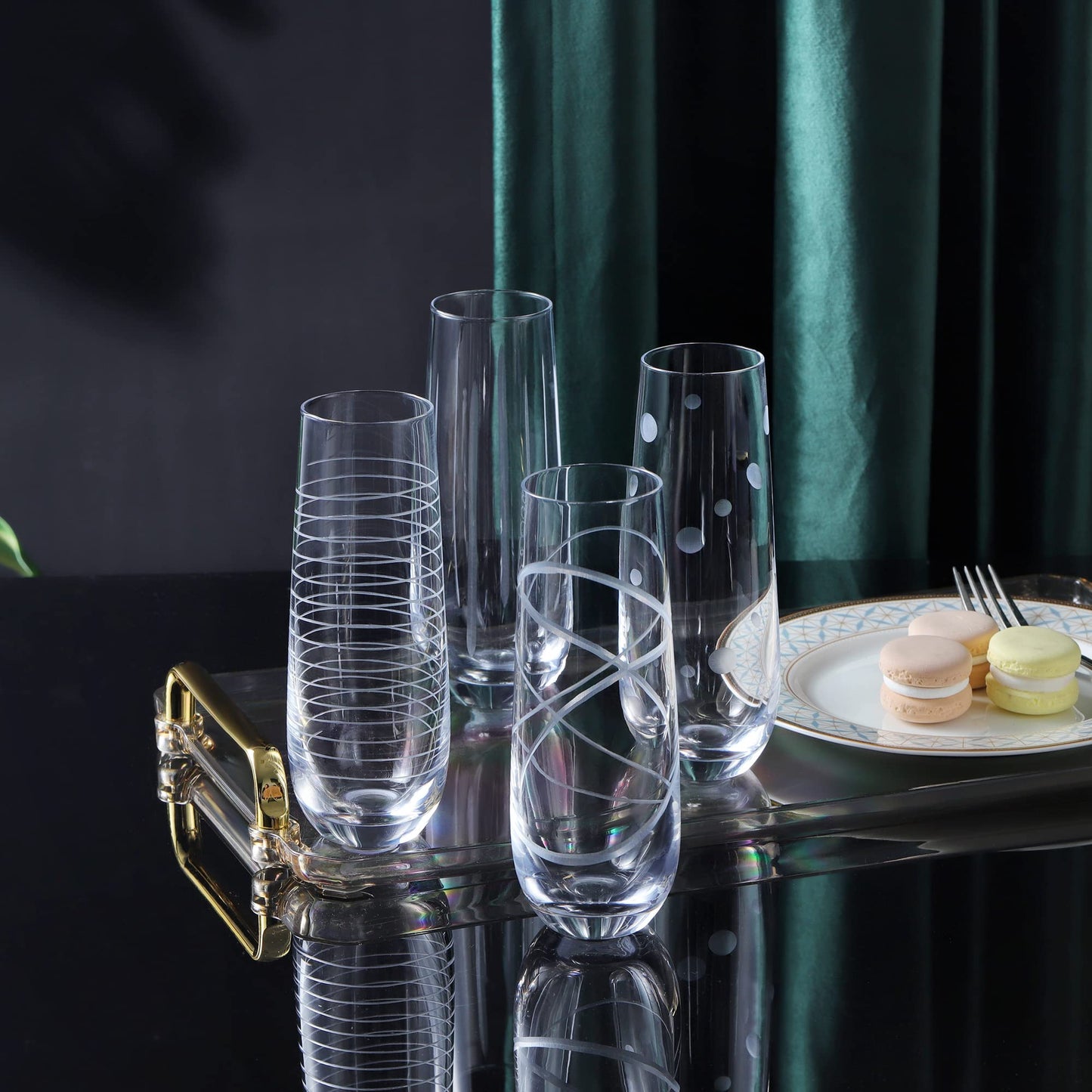 Handmade Mouth-Blown Joeyan Etched Champagne Flutes Glasses Cups, Handmade Mouth Blown Aesthetics Glassware Art Decoration, Home Bar Essentials, Gifts for Wedding Anniversary Daily Use, Set of 4, 9.8 oz., Dishwasher Safe