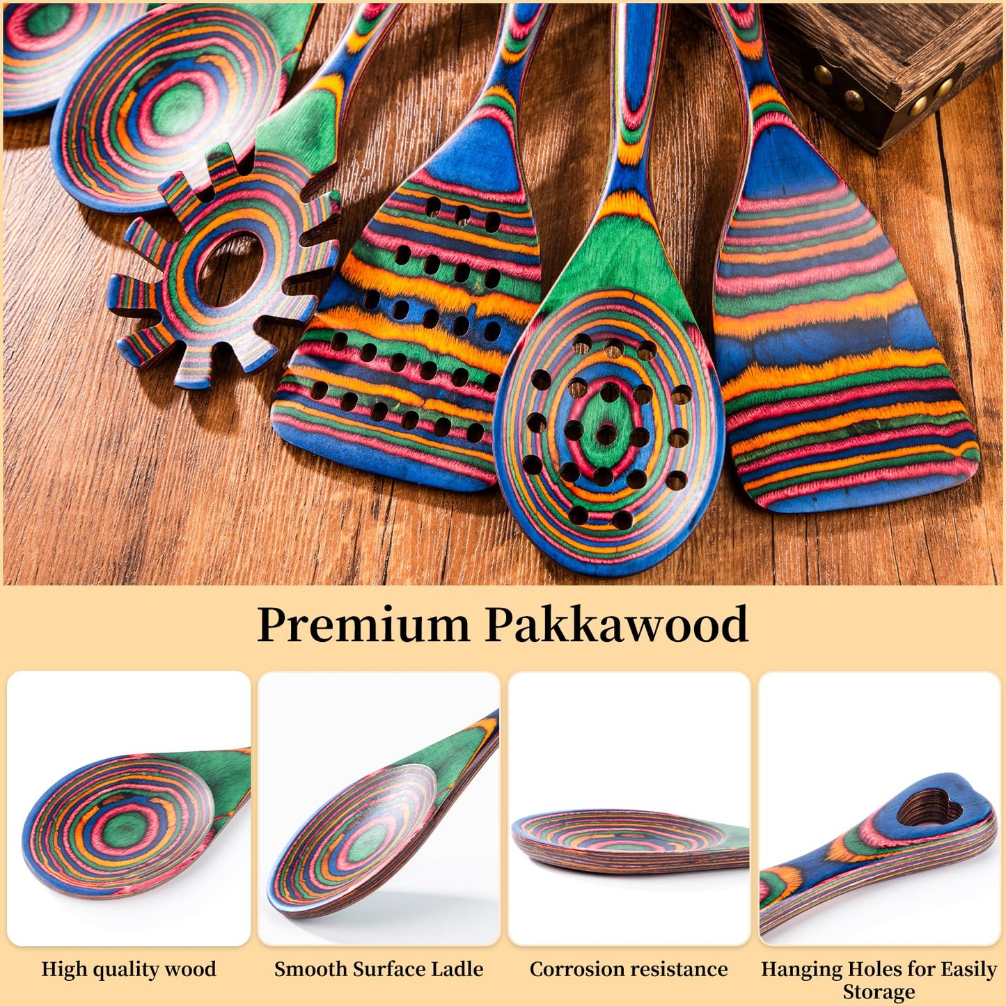 Gudamaye Pakkawood 7-Piece Wooden Cooking Utensils, Wooden Spoons for cooking, Wooden Utensil set,Pakkawood kitchen Utensils for Cooking, Non-Stick Spoon, Household Essentials, Heat-Resistant Spoons