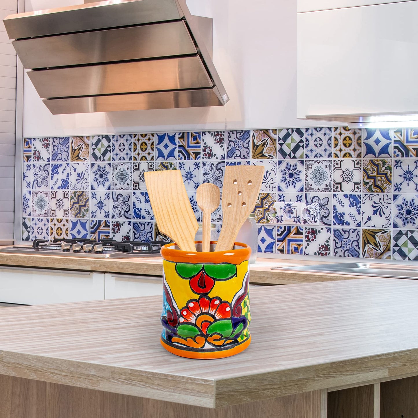 Handmade Mexican Talavera Ceramic Utensil Holder (Yellow)