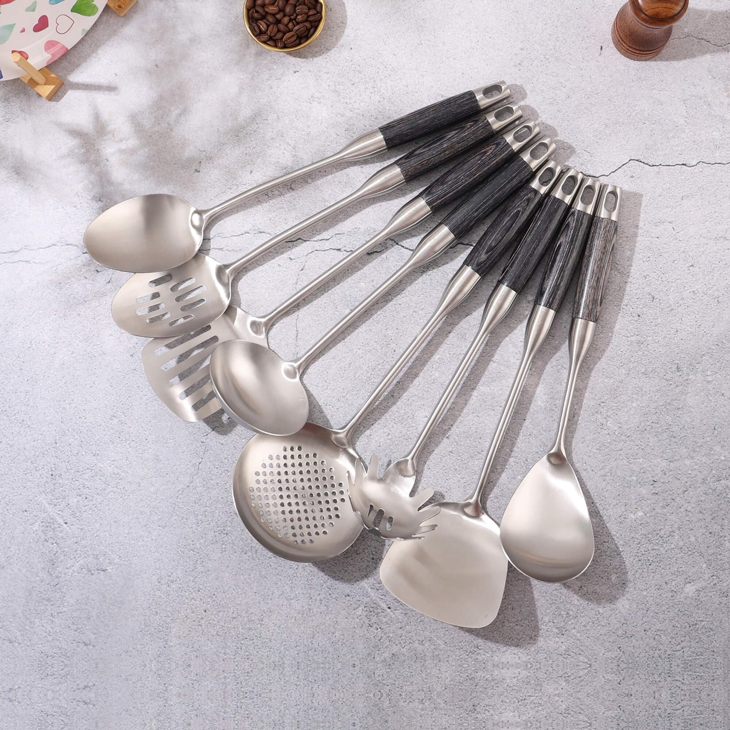18/10 Stainless Steel Kitchen Utensils Set with Wooden Handle, 8Pcs 15” Long Cooking Utensil Set & Kitchen Gadgets Cookware Set, Serving Utensils-Spatula, Turner, Pasta, Serving Spoon, Skimmer, Ladle