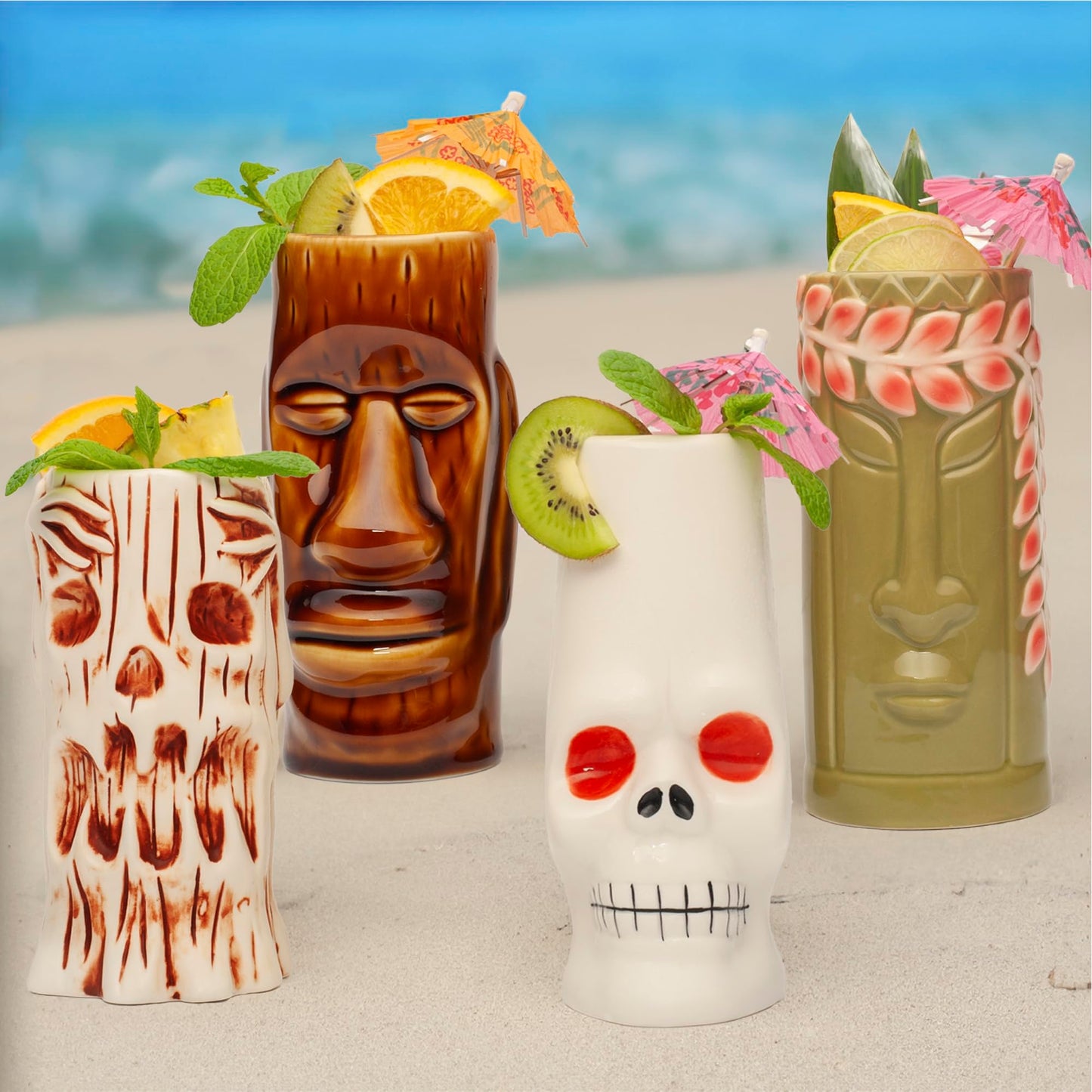 LEMONSODA Hard-Carved and Hand-Painted Tiki Mugs - Set of 8 - Ceramic Hawaiian Luau Party Mugs Drinkware, Cute Exotic Cocktail Glasses, Tiki Bar Hawaiian Party Barware - 18-23.5oz