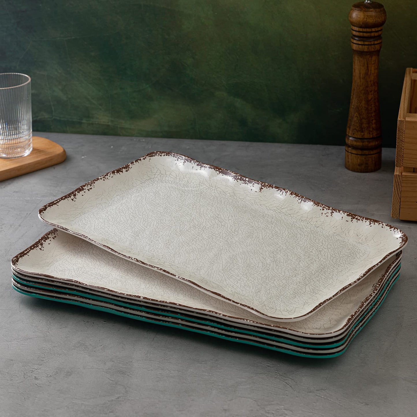 White Rustic Large Farmhouse Serving Platters, 2 Piece Melamine Dinnerware Set, 17.5 x 10 Inches Vintage Serving Tray, Rectangle White Rustic Trays Set of 2