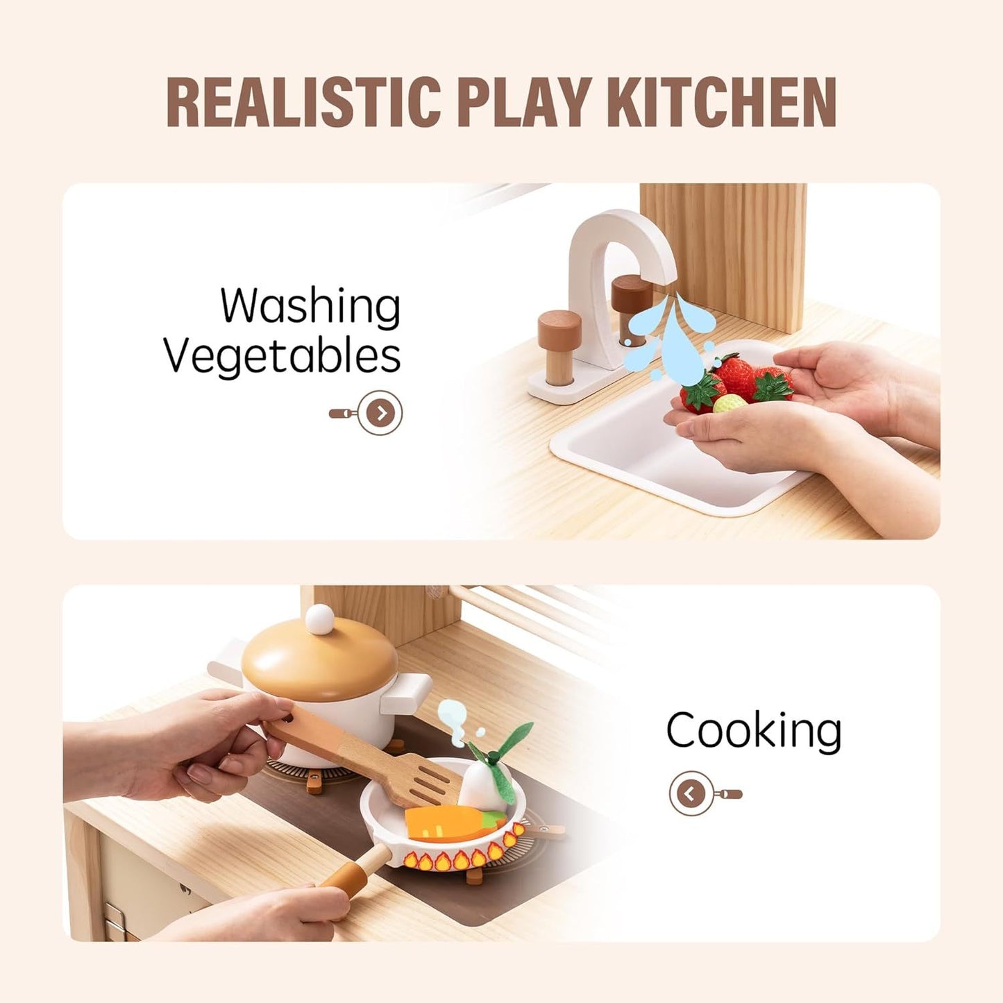 Large Wooden Kitchen Playset for Kids with Pretend Cooking Accessories