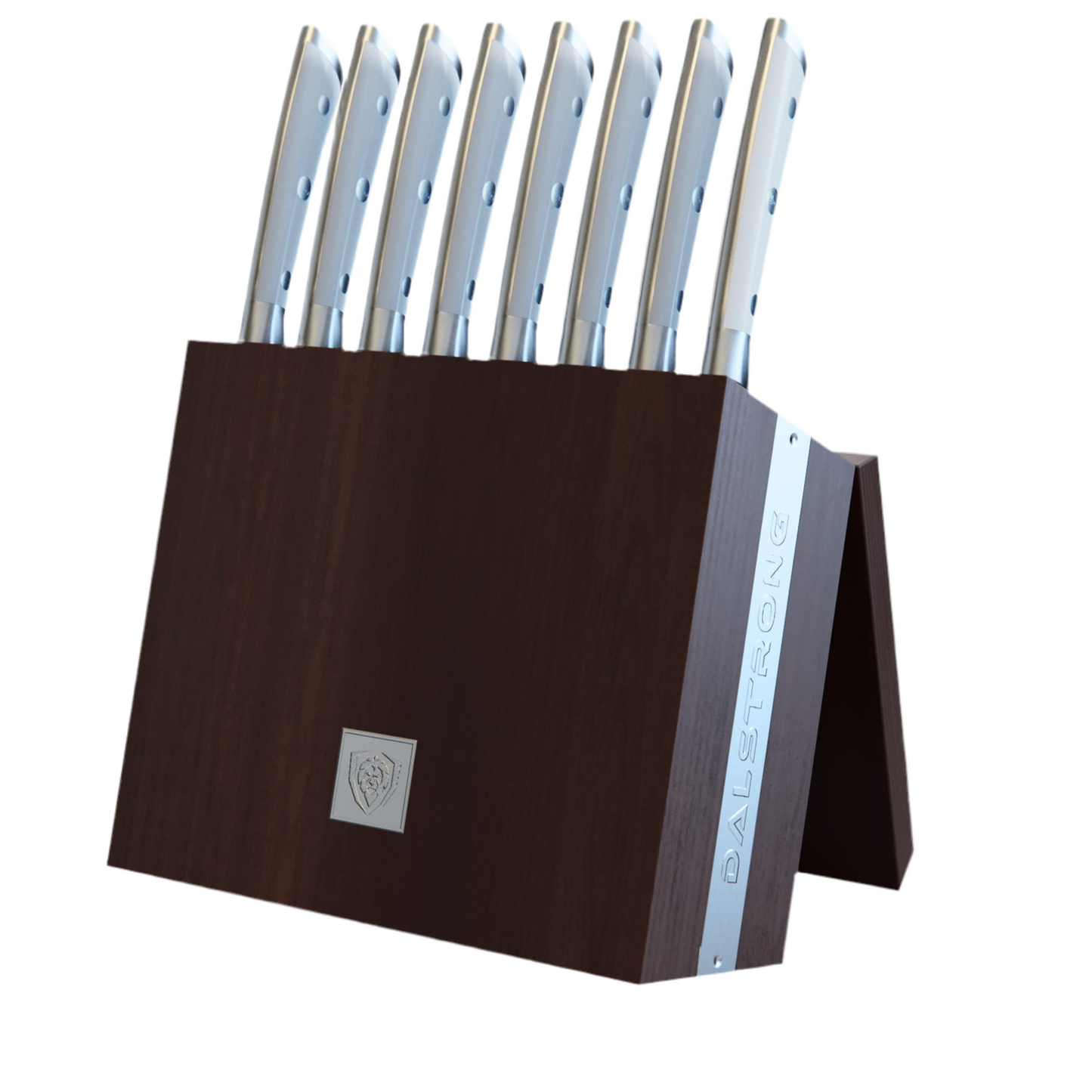 Dalstrong Steak Knife Set with Folding Block - 8-Piece - Gladiator Series - 5" Straight Edge Blade - Forged High-Carbon German Steel - w/Modular Storage Block - Glacial White ABS Handle - NSF Certified