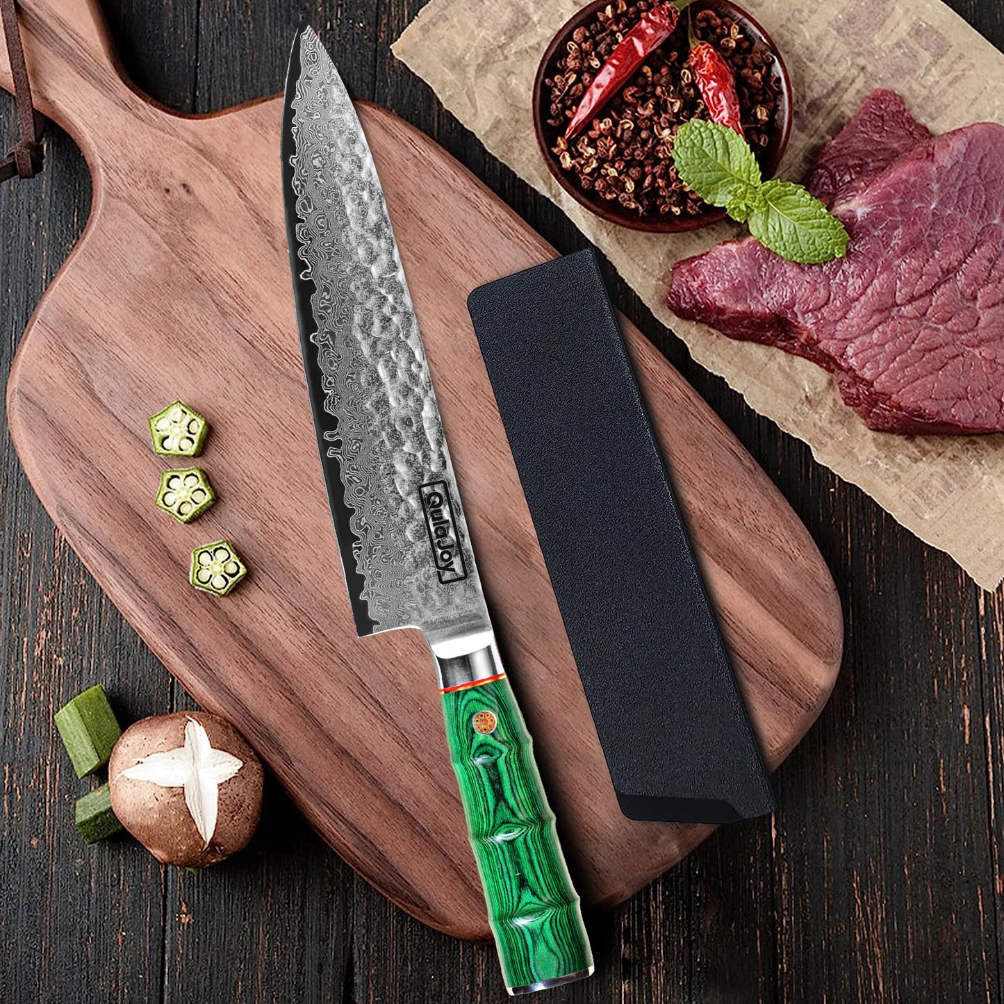 Japanese 8-Inch Chef Knife, 67 Layers Damascus VG-10 Steel Core, Professional Hammered Kitchen Knife, Handcrafted with Ergonomic Green Bamboo Shape Handle