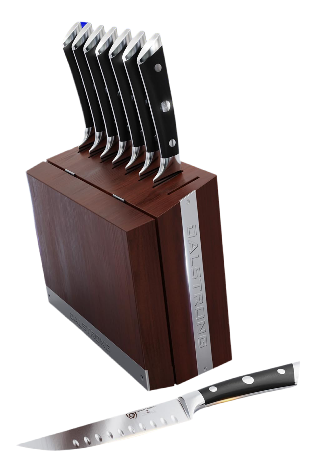 Dalstrong Steak Knife Set - 8 Piece - 5-Inch Straight Edge Blade - Gladiator Series Elite - Forged High-Carbon German Steel Dinner Kitchen Knife - Black G10 Handle - Folding Block Set - NSF Certified