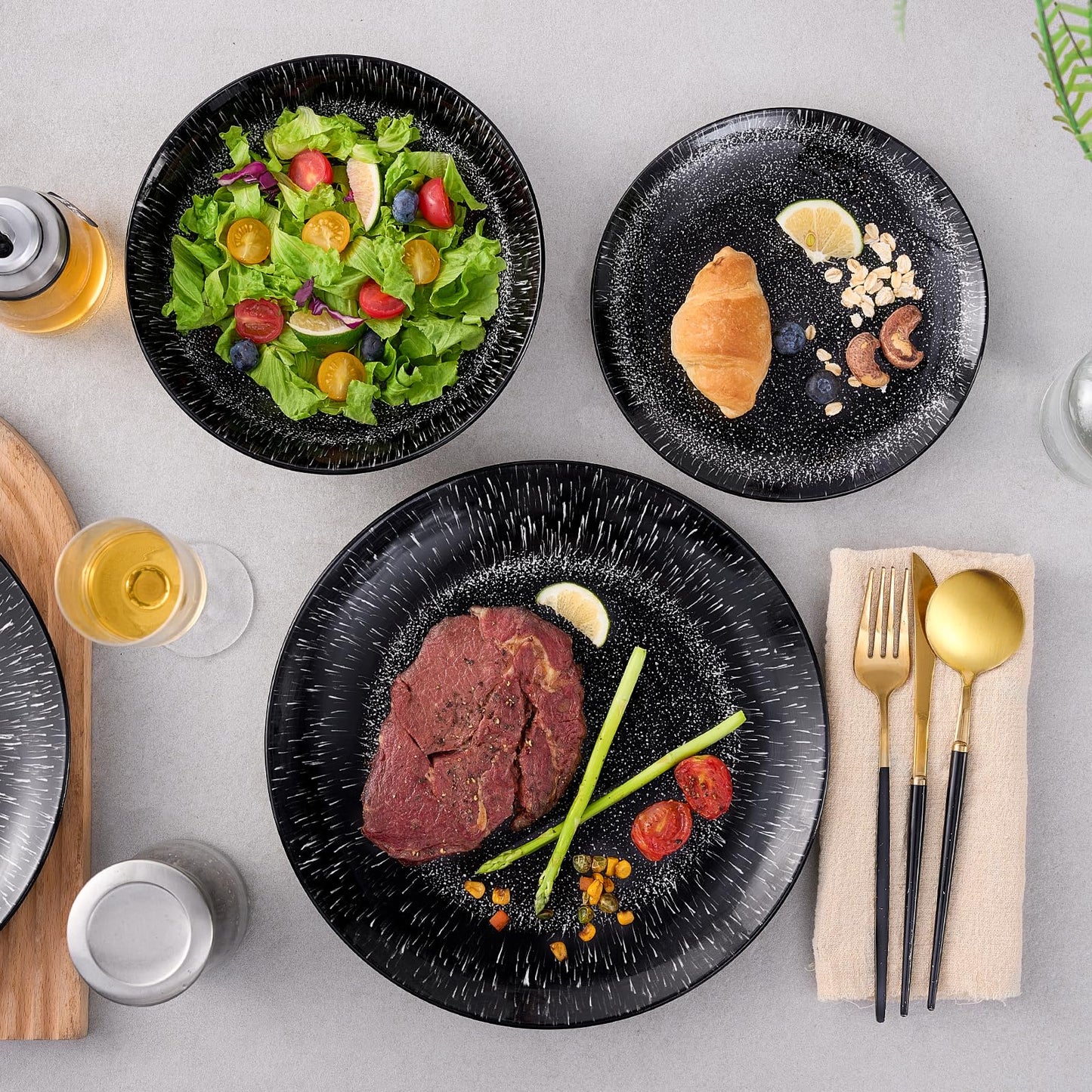 Bestone Plates and Bowls Sets,12 Pieces Round Porcelain Dinnerware Sets,Dishes, Plates, Dishware Sets,Chip Resistant Ceramic Dish Set Dining Dinner Ware Service for 4,Starry Sky Black