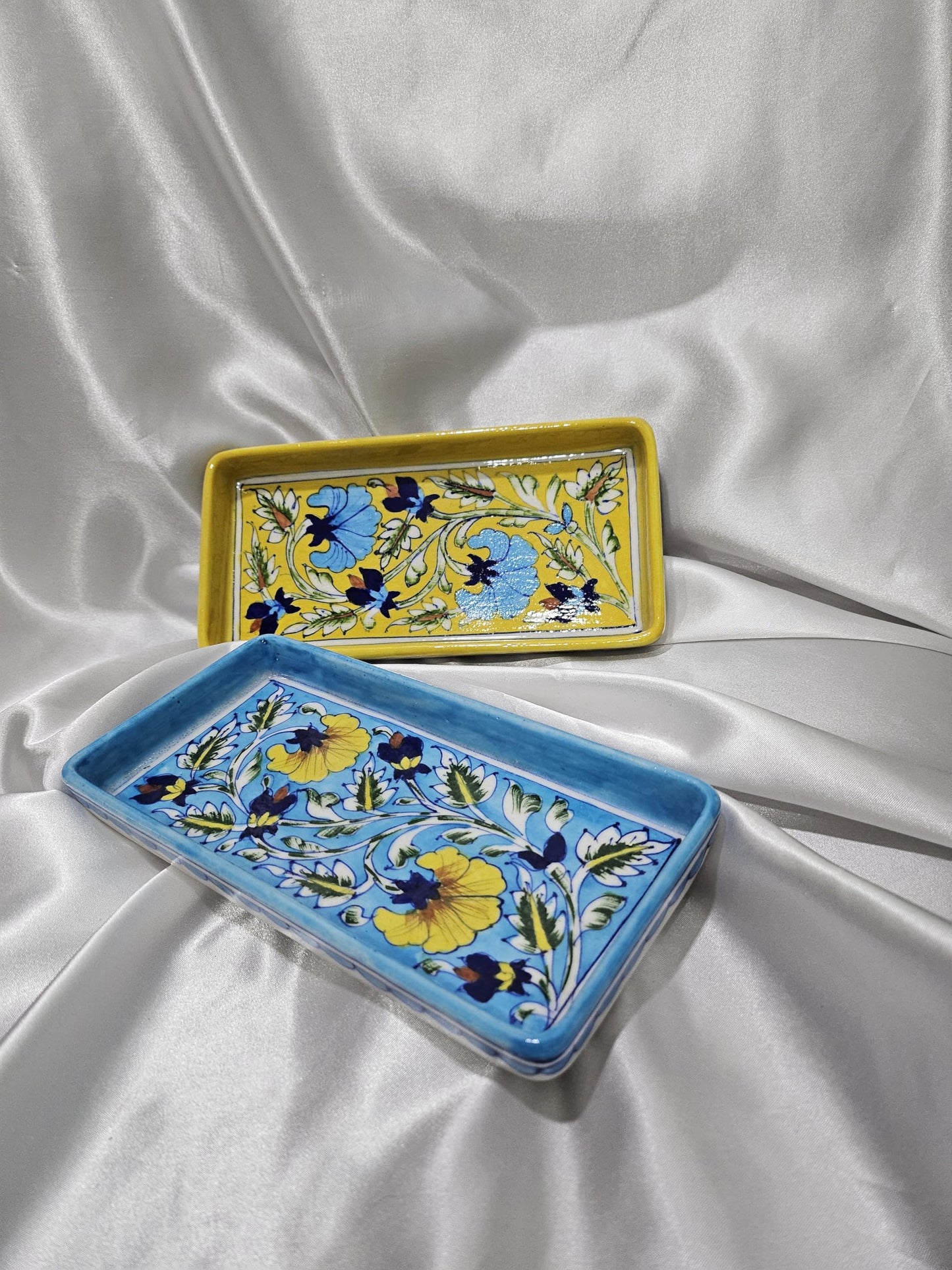 Tradition Treasure Azure and Sunburst Serving Platters Hand-Painted Ceramic Serving Dinner Plate Set of 2 – Sky Blue and Yellow Rectangle Trays for Main Meals, Tacos, Lunches, Snacks, Platters-8.5” x 5”