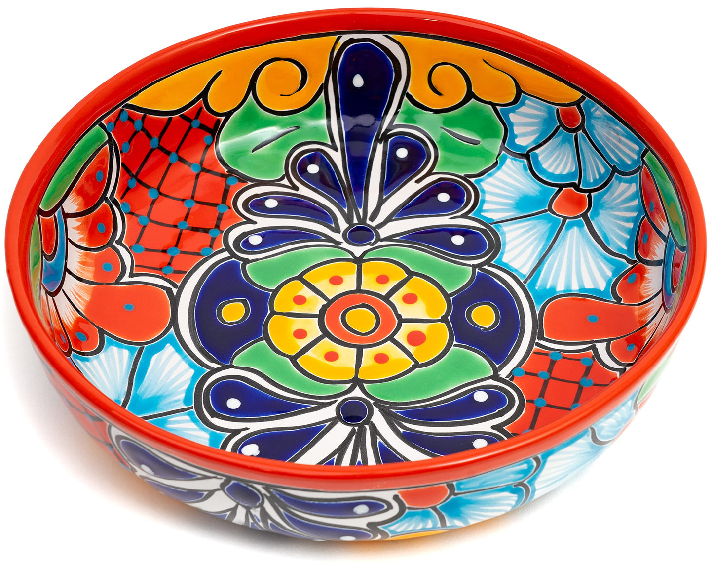 Enchanted Talavera Ceramic Hand-Painted Large Serving Bowl Pasta Bowl Fruit Bowl Salad Bowl Party Platter Holiday Bakeware Dish (Red)