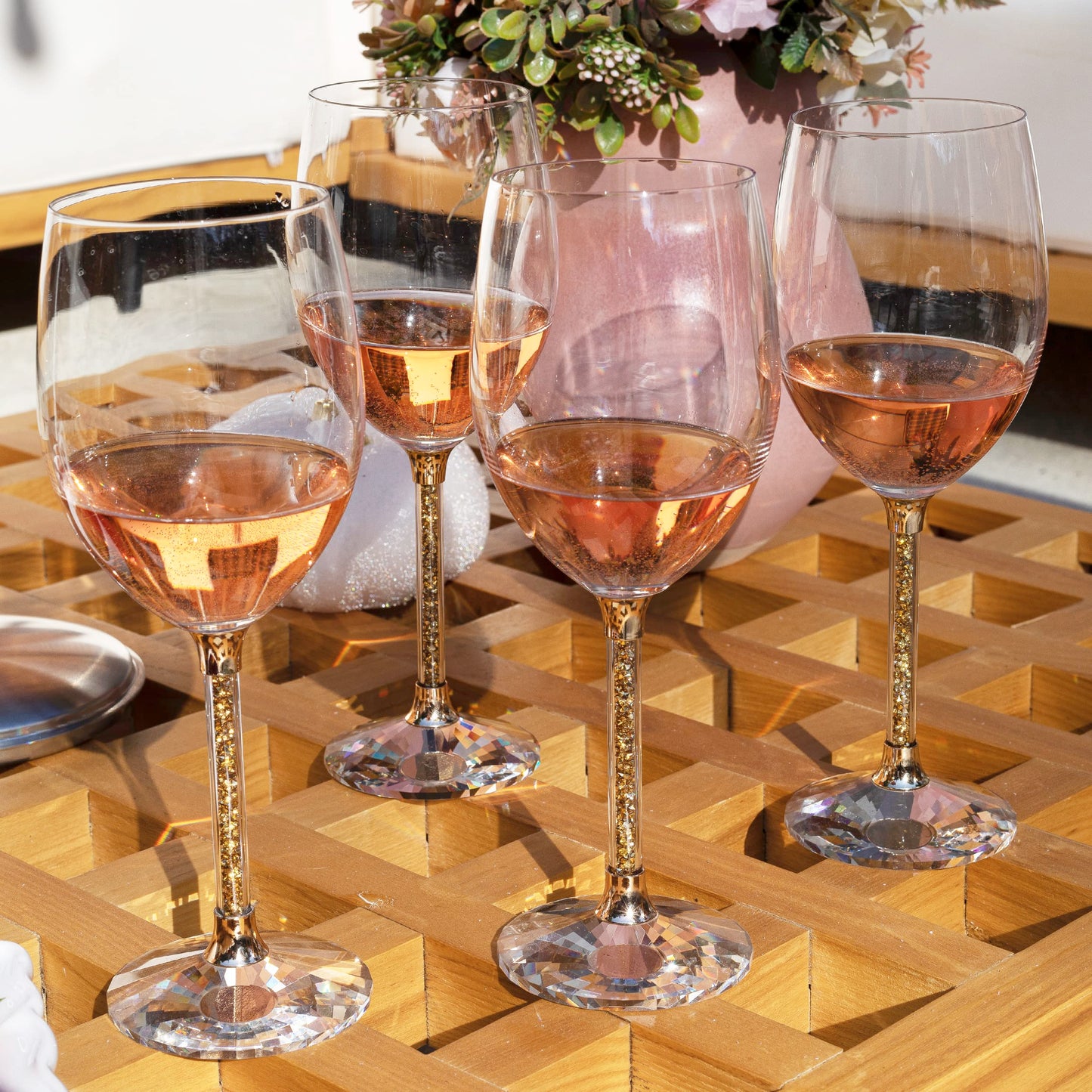 Sparkles Home Vetrina Stem Wine Glass, Crystal Glassware, Faceted Base, Red, White, Rosé, For Celebration, Dining Tabling Setting, Events, Weddings, Gold, Set of 2 in Gift Box