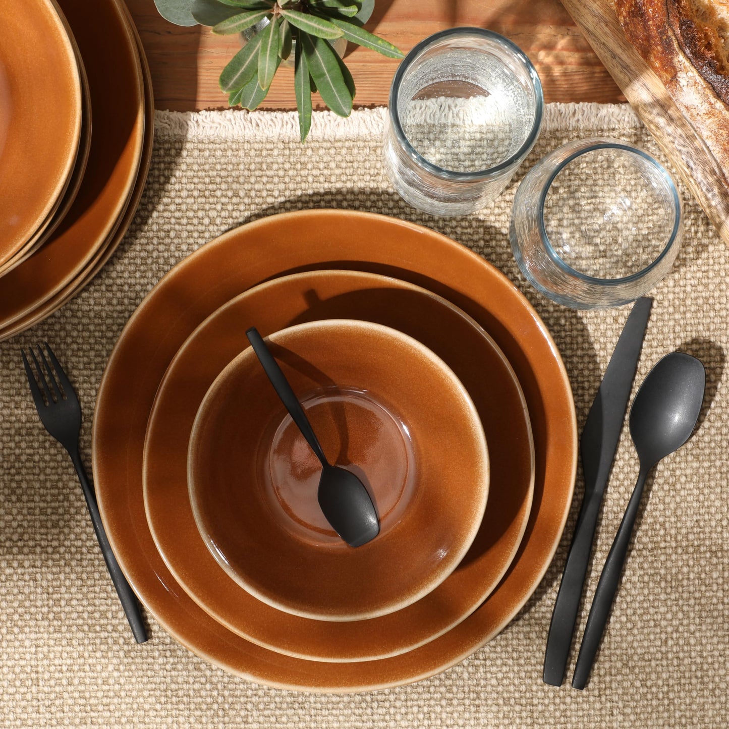 Bloomhouse - Oprah's Favorite Things - Montecito Breeze 16 Piece (Service for 4) Double Plates and Bowls Stoneware Reactive Glaze Dinnerware Set - Terracotta Canyon