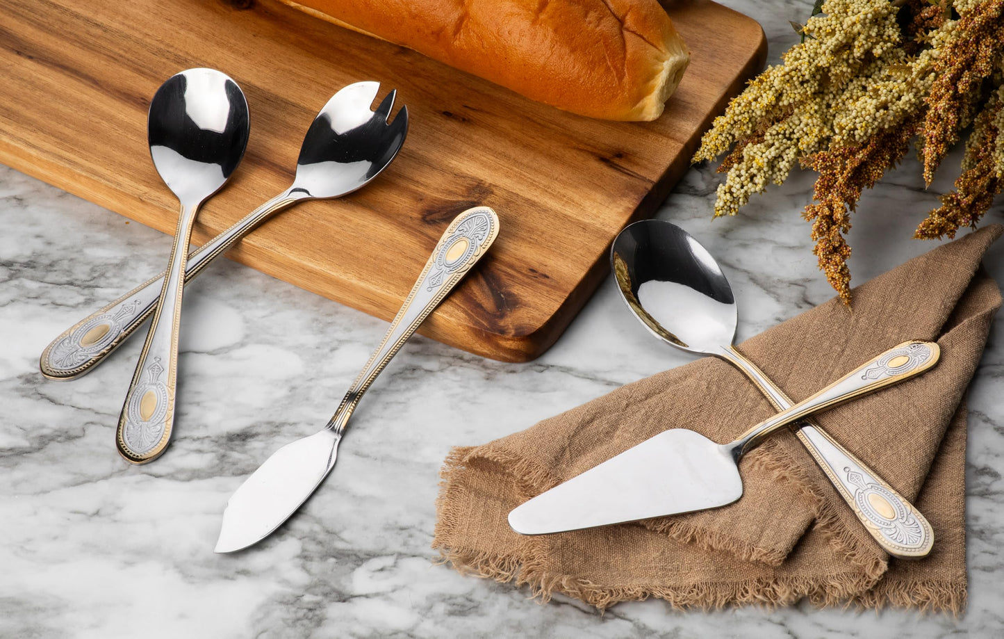 5 Piece Hostess Set - 18/10 Stainless Steel Serving Utensil Set - Gorgeous Vintage Handle with Gold Detailing - Dishwasher Safe - Silver and Gold Flatware Hostess Serveware (Amalfi)