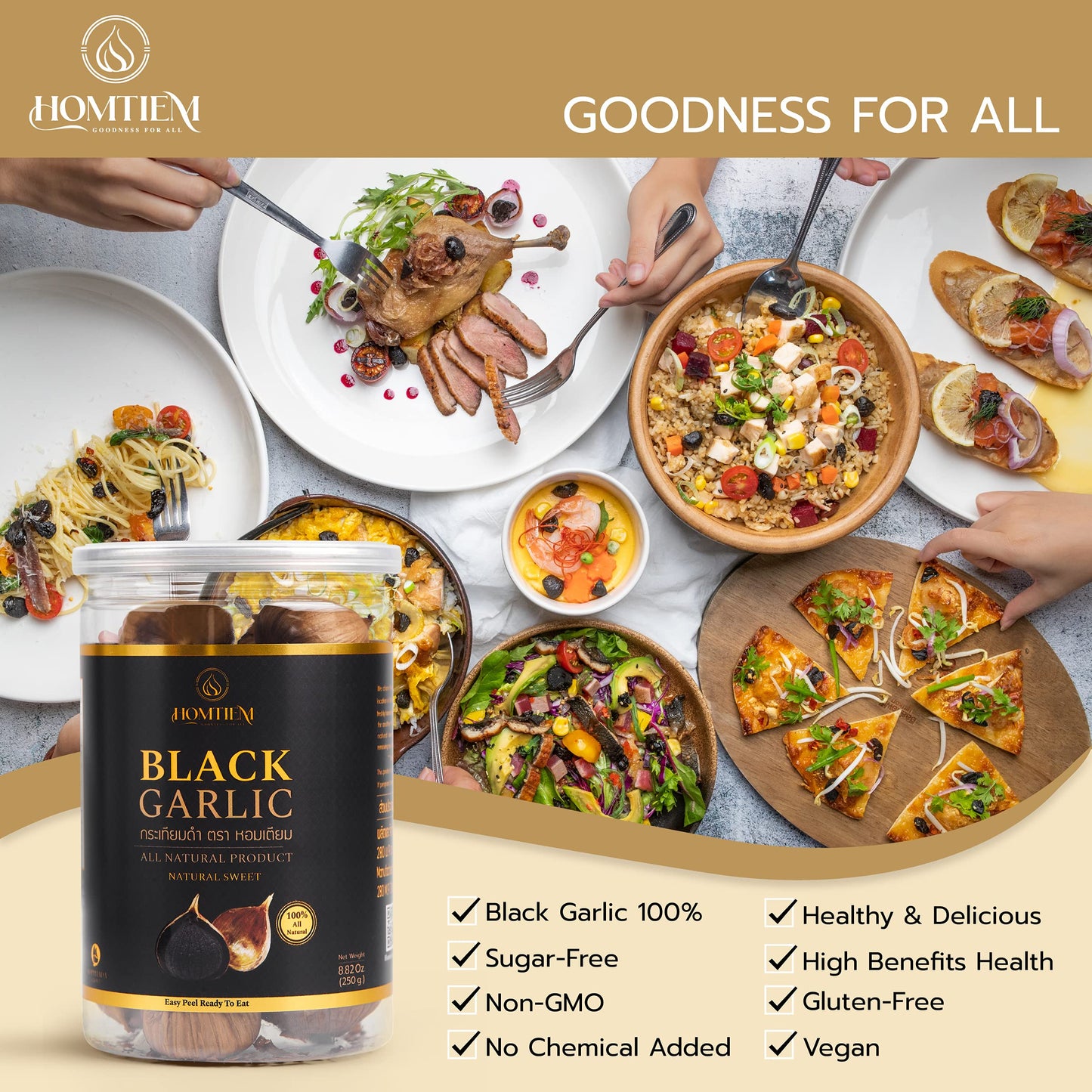 Homtiem Black Garlic 8.82 Oz. (250g.), Whole Black Garlic Fermented for 90 Days, Super Foods, Non-GMOs, Non-Additives, High in Antioxidants, Ready to Eat for Snack Healthy, Healthy Recipes