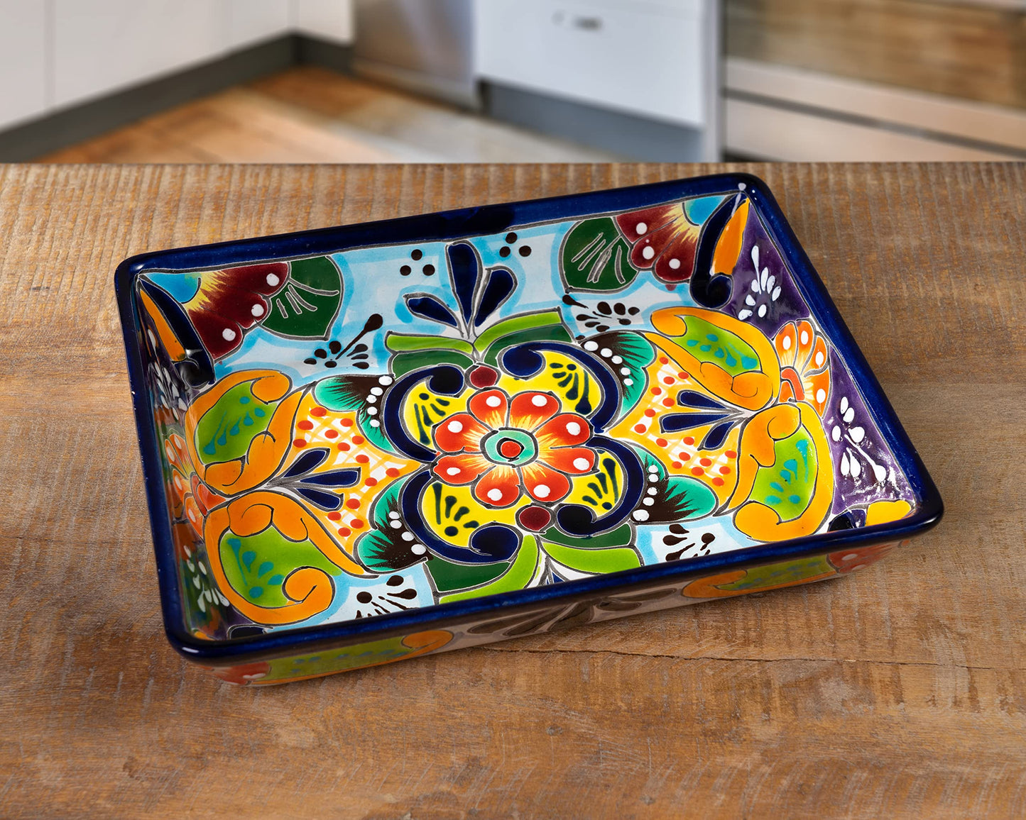 Enchanted Talavera Pottery Hand Painted Ceramic Rectangle Serving Platter Dish Appetizer Plate Tray Food Mexican Floral Pattern Party Fiesta Thanksgiving Jewelry Holder (Medium 9.5 x 7.5 x 1.75)