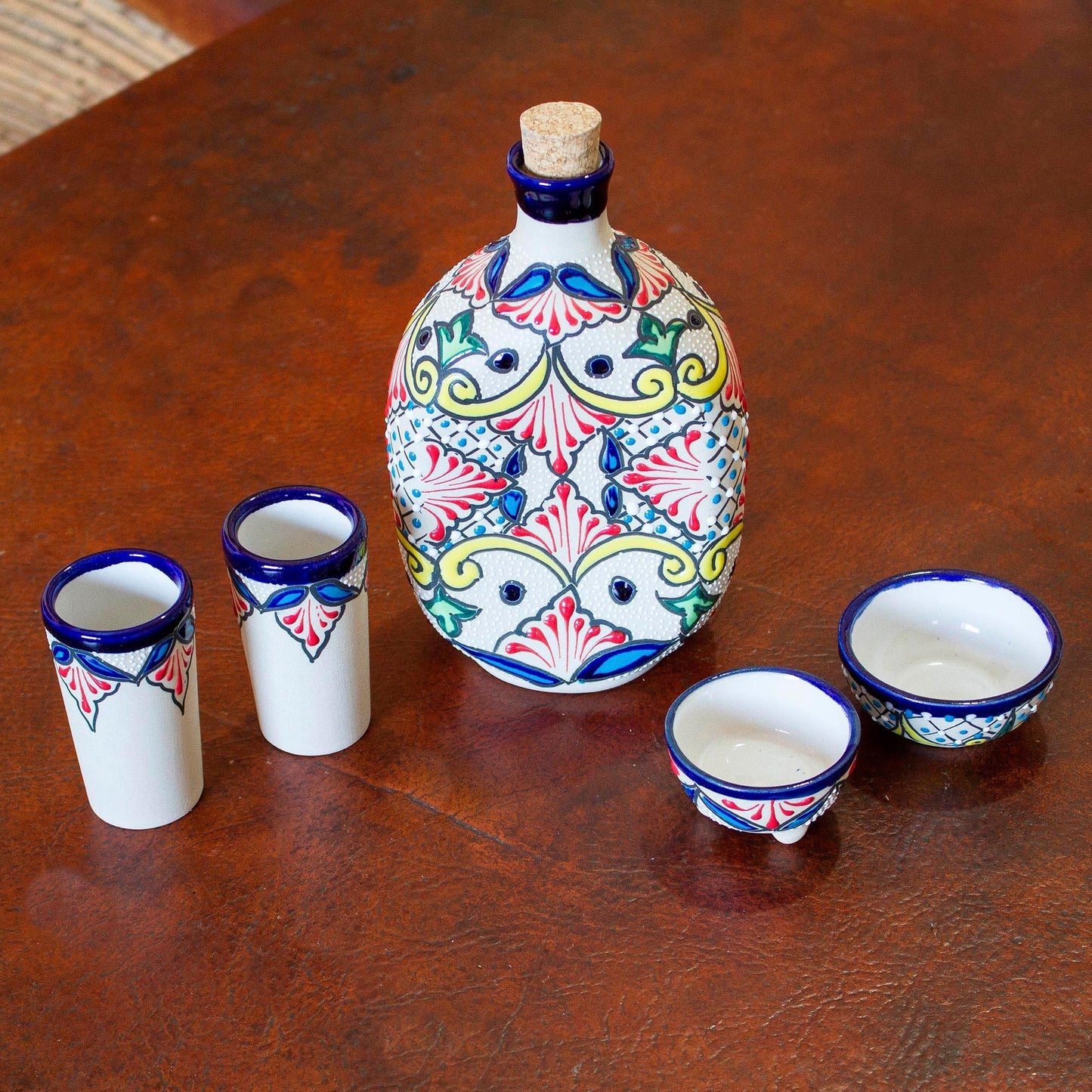 NOVICA Artisan Handmade Ceramic Tequila Talaverastyle from Mexico Multicolor Tableware Drinkware Glasses Shot Hacienda Painted 'Talavera Beverage' (5-Piece Set)