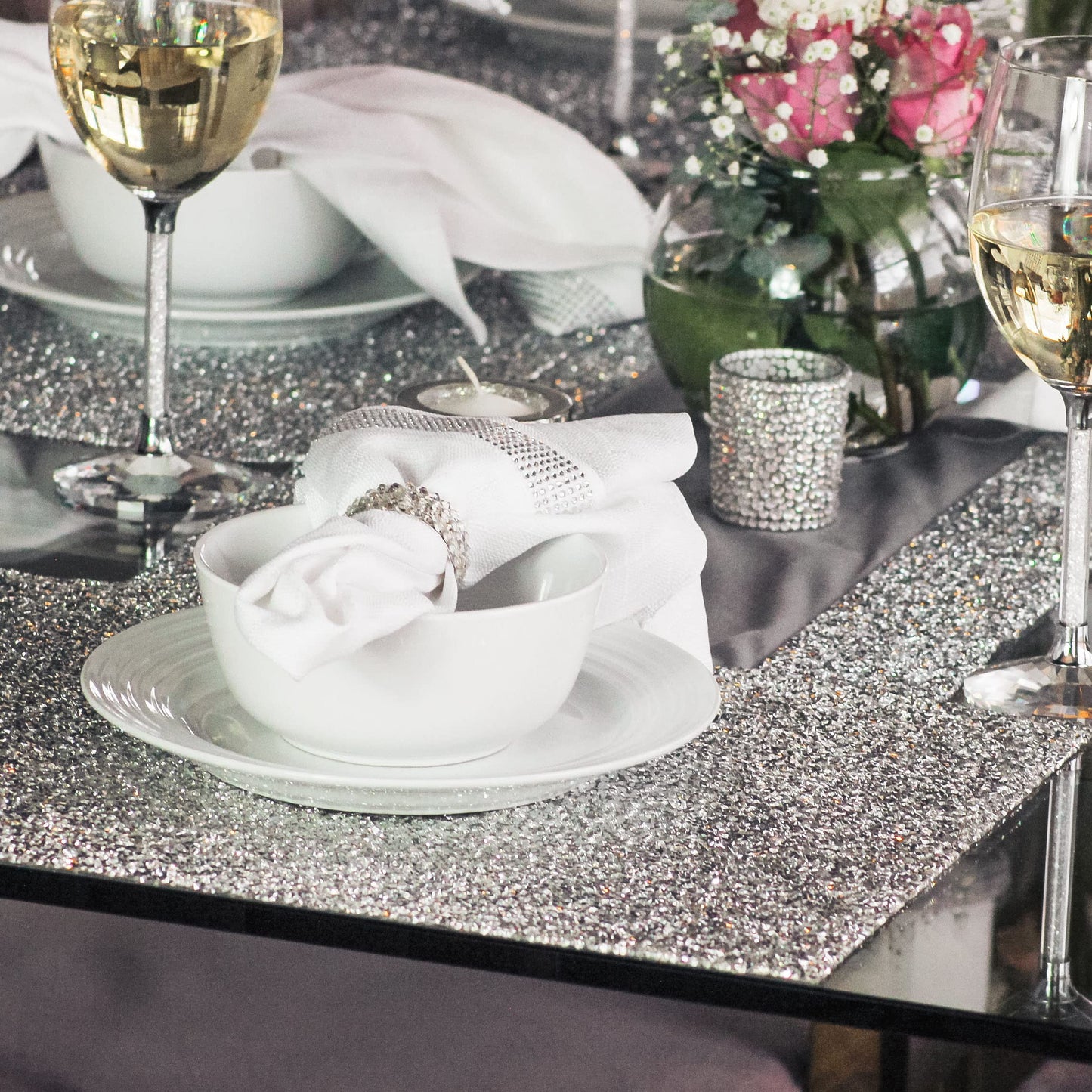 Luminous Rectangle Placemat, Sparkling Rhinestones, Heat Resistant, Non-Slip Back, for Striking Dining Table Settings, Events, Weddings, Topaz, 13x18, Sold Individually