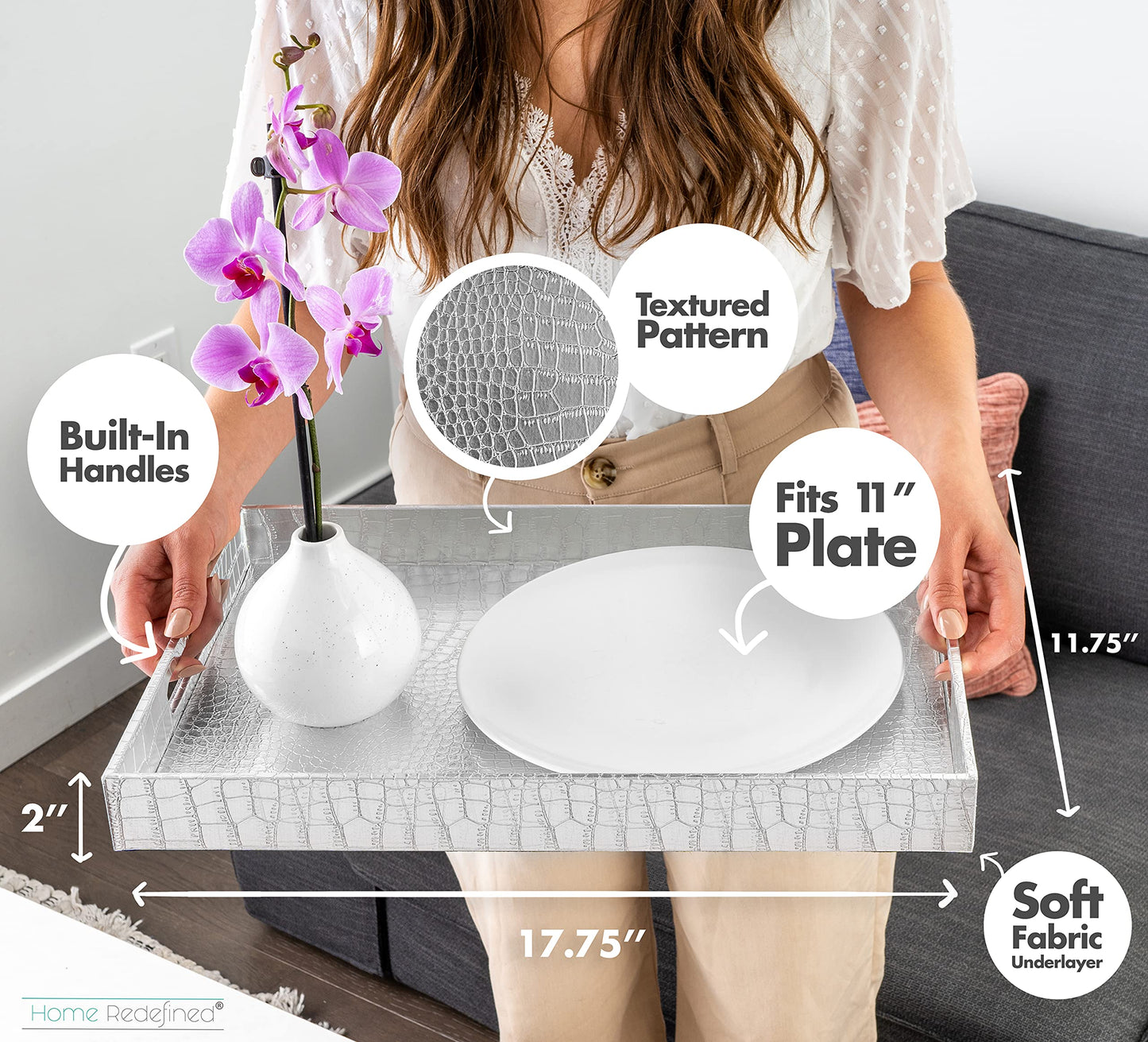 Home Redefined 18"x12" Silver Glossy Crocodile Faux Leather Serving Tray Beautiful Modern Elegant Decorative Tray with Handles Ottoman Coffee Table Tray for All Occasion's