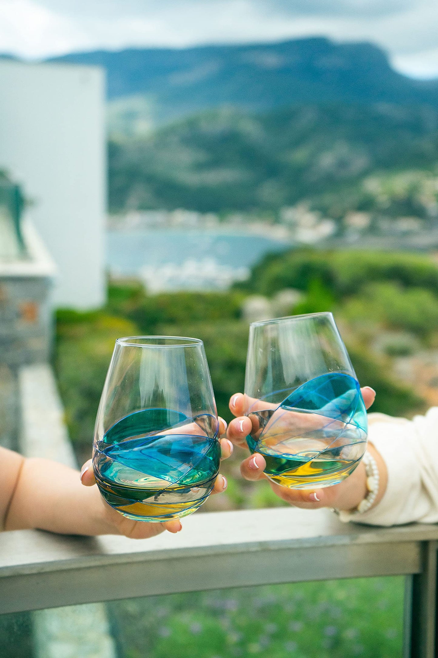 Handblown Antoni Barcelona Stemless Wine Glasses Set of 2 (21 Oz.) - Handblown & Handmade, Painted Blue Wine Glass, Gifts for Women, Birthdays, Anniversaries, and Weddings - 2 Unit (Set 2)