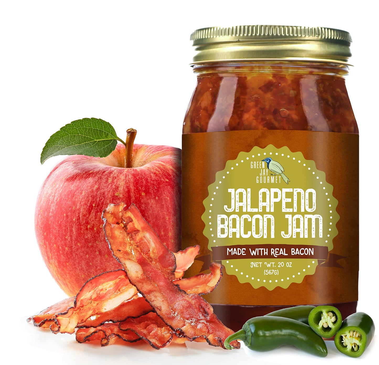 Green Jay Gourmet Jalapeno Bacon Jam - Classic Spread for Burgers, Sandwiches, Toast, Charcuterie - Sweet, Savory Flavoring for Meat, Poultry, Dressing - Zero Trans Fat, No MSG, Gluten-Free - 20 Oz. Jar
