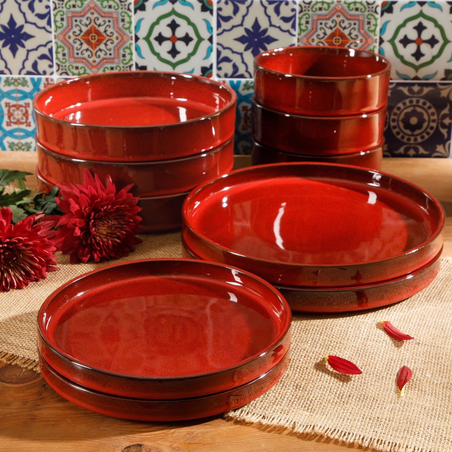 Bloomhouse - Oprah's Favorite Things - Santorini Mist Double Bowl Terracotta Reactive Glaze Plates and Bowls Dinnerware Set - Garnet Red, Service for Four (16pcs)