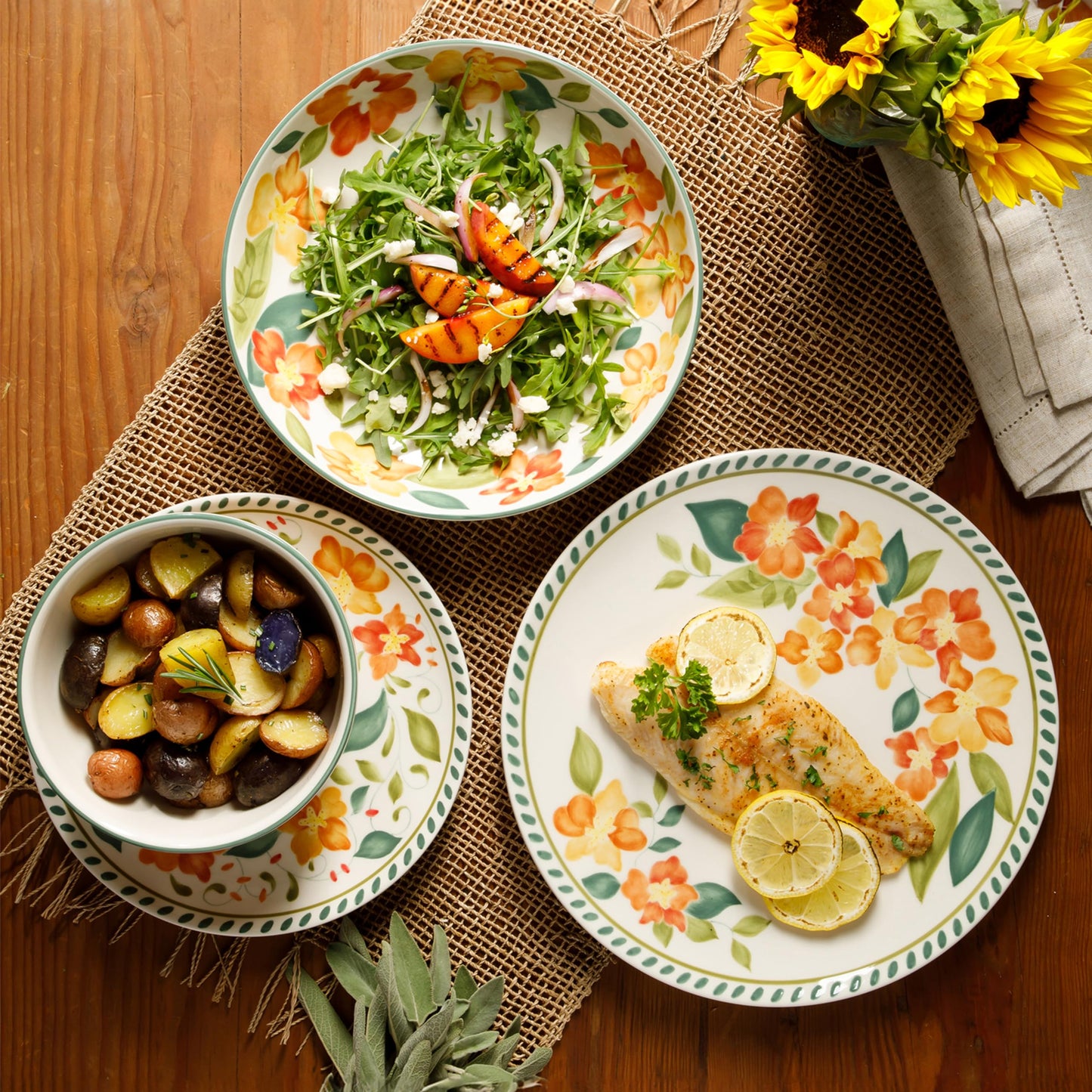 Bloomhouse Cassia Bud 16 Piece Double Bowl Hand Painted Stoneware Plates and Bowls Floral Dinnerware Set