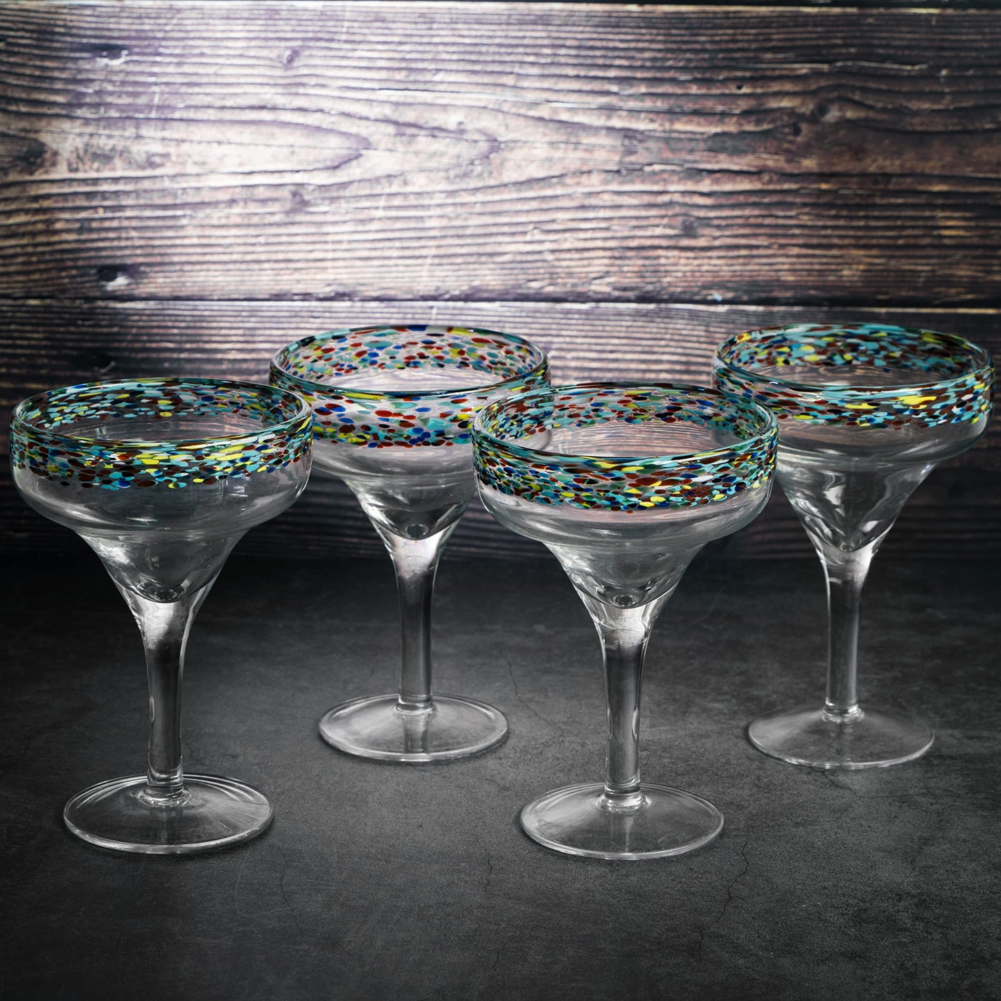 Margarita Glasses – Set of 4 - Luxury Hand Blown Confetti Margaritas, Cocktails, Water, Wine, Dessert, Martini & Champagne Cinco de Mayo, Hand Blown - Mexican Confetti Design Glass, Party, Home & Bar