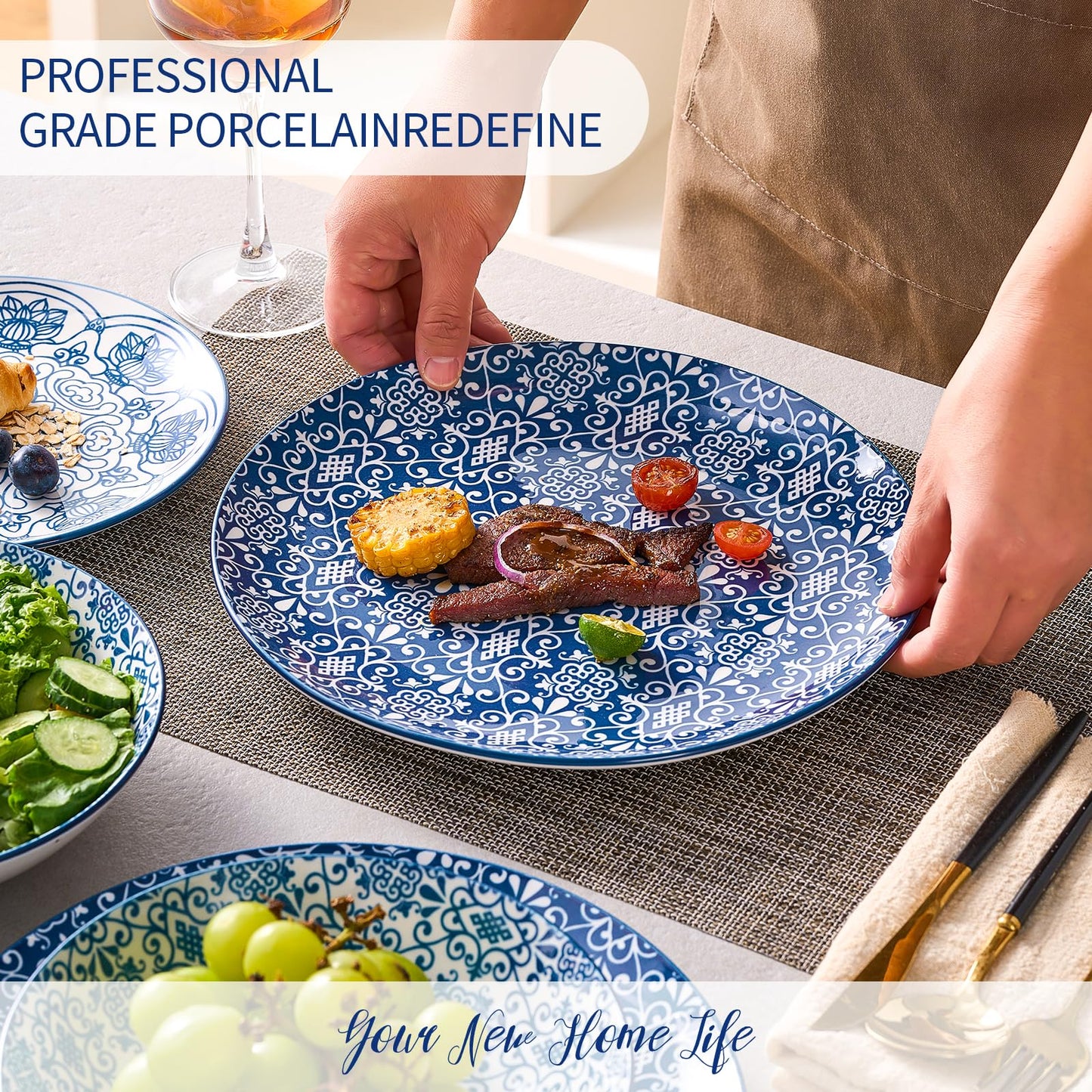 Bestone Ceramic 12-Pieces Dinnerware Sets, Ceramic Dish Plates and Bowls Sets, Dishes Set for 4, Dinner Salad Dessert Plates, and Cereal Bowls Set, Gift,Vintage Blue