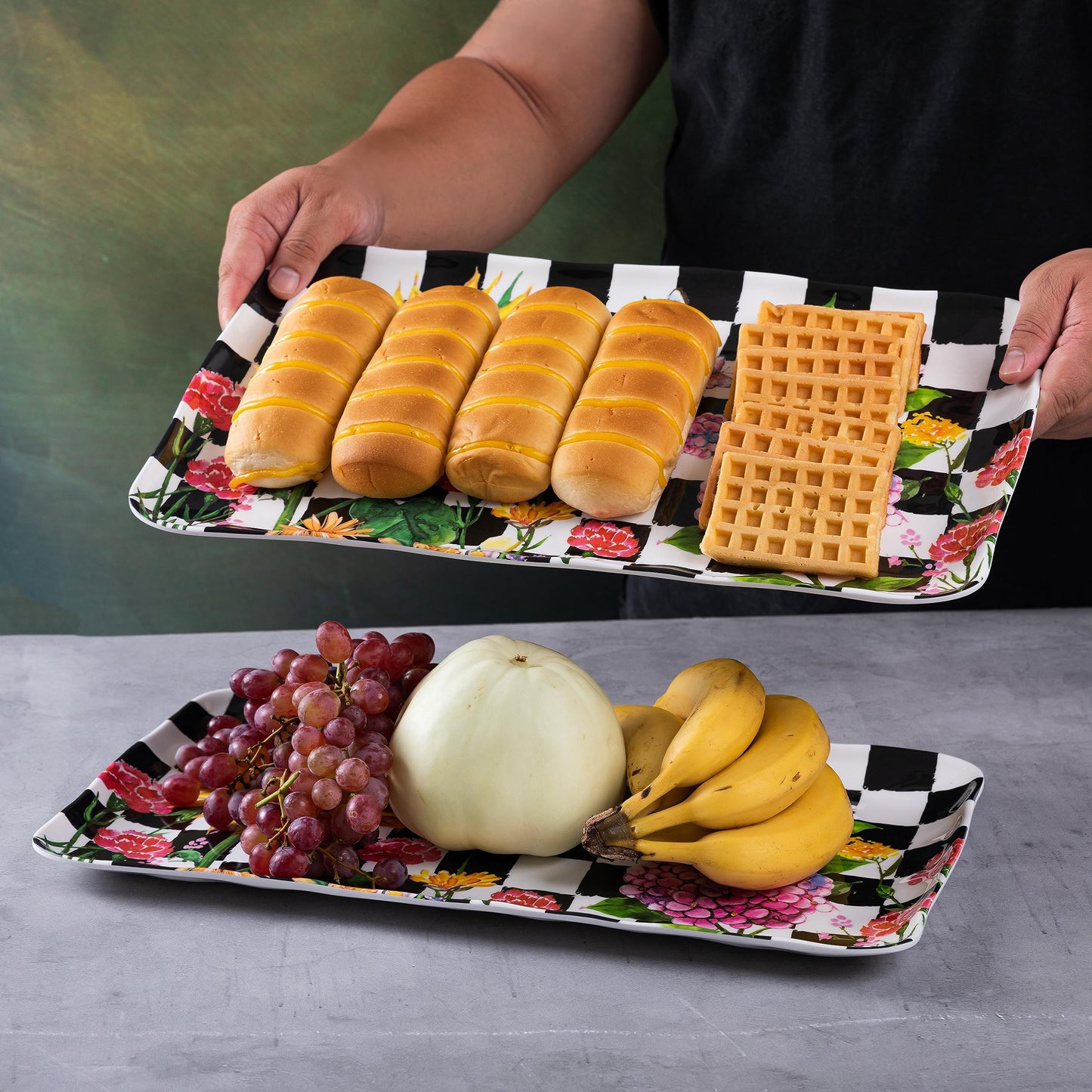 Black Plaid and Floral Rectangular Melamine Sunflower Serving Tray, 2-Piece Hydrangea Serving Platter Set, 17.5" x 10" Colorful Trays/Platters Sets for Outdoor and Indoor Dining and Entertaining Parties, Black Plaid